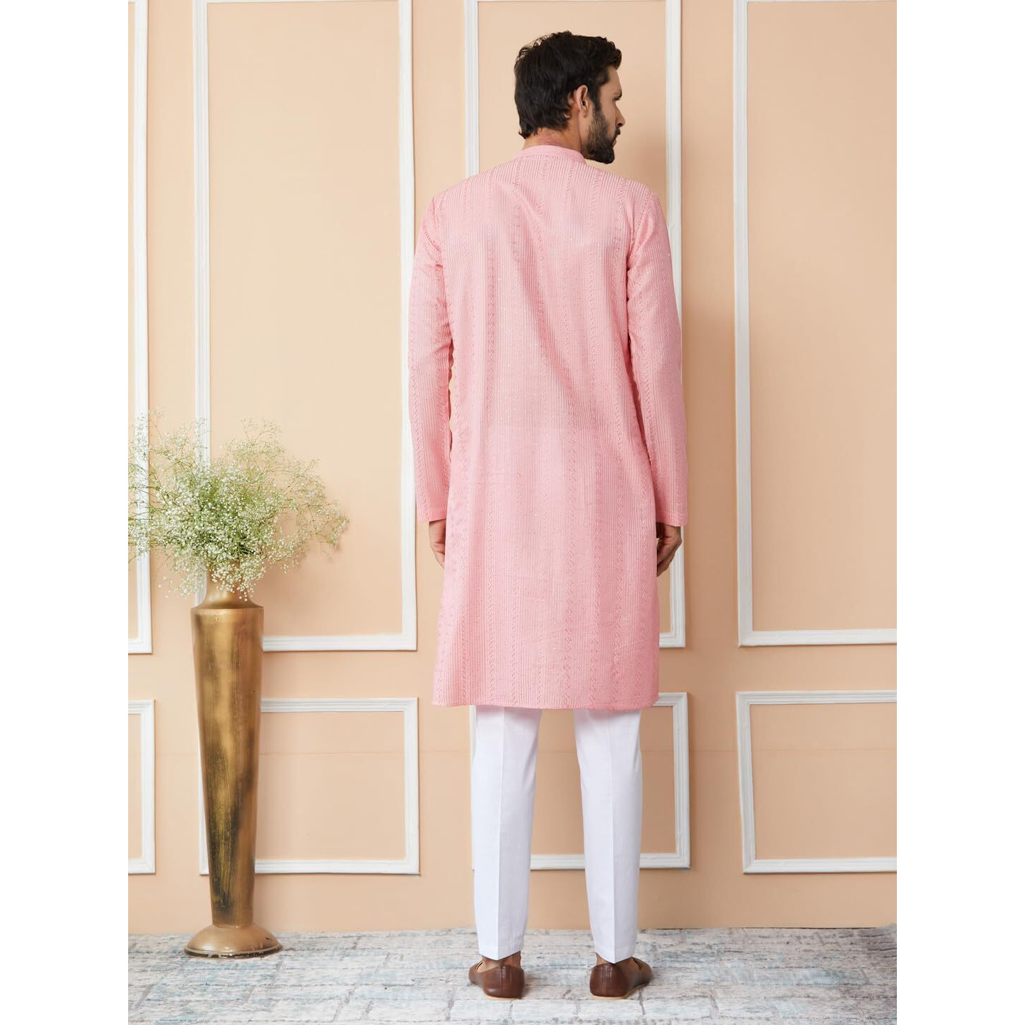 See Designs Men's Long Sleeve Mandarin Collar Side Slit Pink Embroidered Thread Work Sequinned Chanderi Silk Straight Kurta - Sdkt2511S