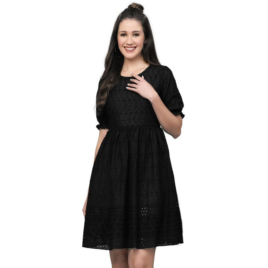 Selvia Women's Schiffli Embroidery Half Sleeve Poly Cotton Round Neck Fit & Flare Dress (443Tk7431N-M_Black)
