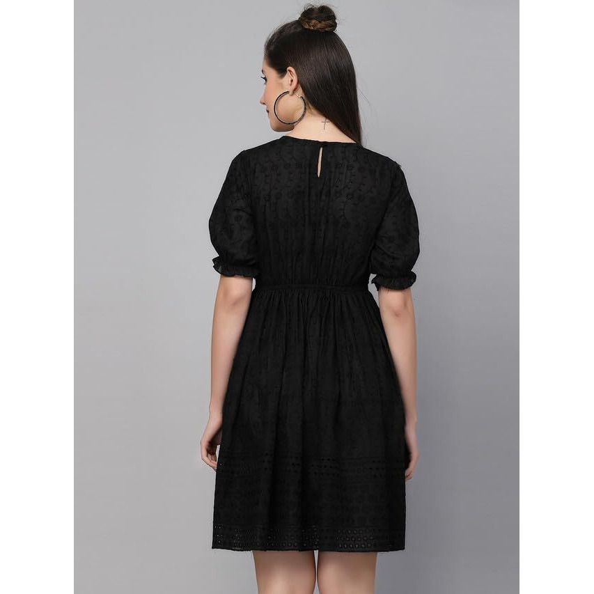 Selvia Women's Schiffli Embroidery Half Sleeve Poly Cotton Round Neck Fit & Flare Dress (443Tk7431N-M_Black)