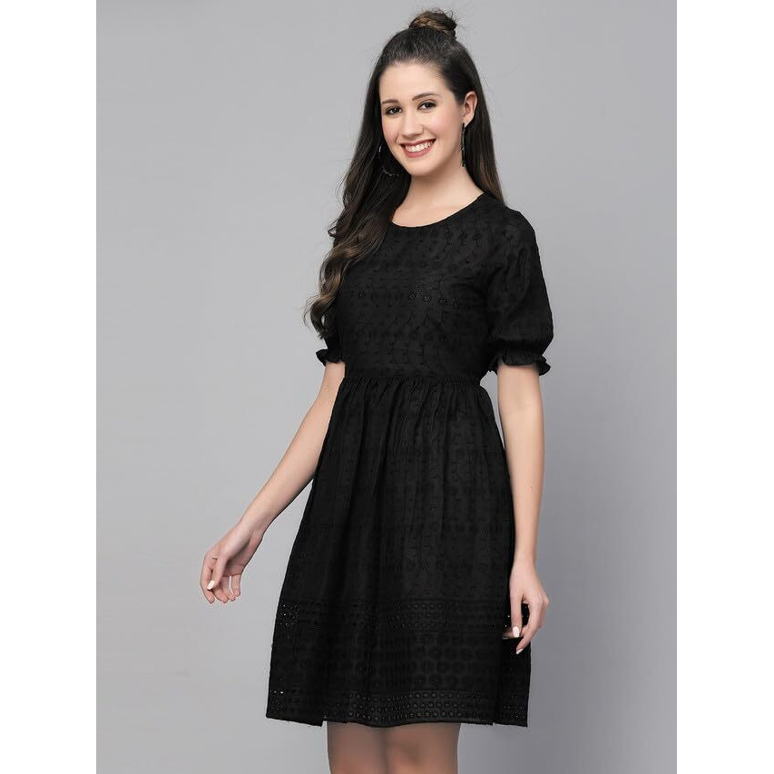 Selvia Women's Schiffli Embroidery Half Sleeve Poly Cotton Round Neck Fit & Flare Dress (443Tk7431N-M_Black)