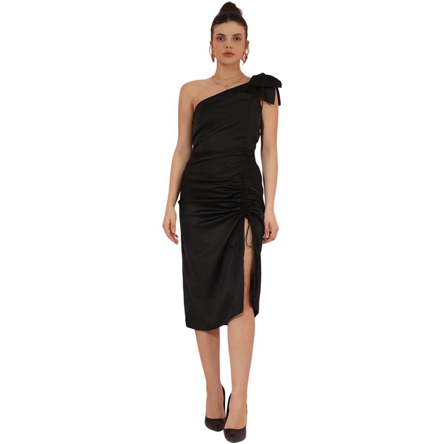 Kotty Women's One Shoulder Satin Ruched Sheath Midi Dress(Black,L)