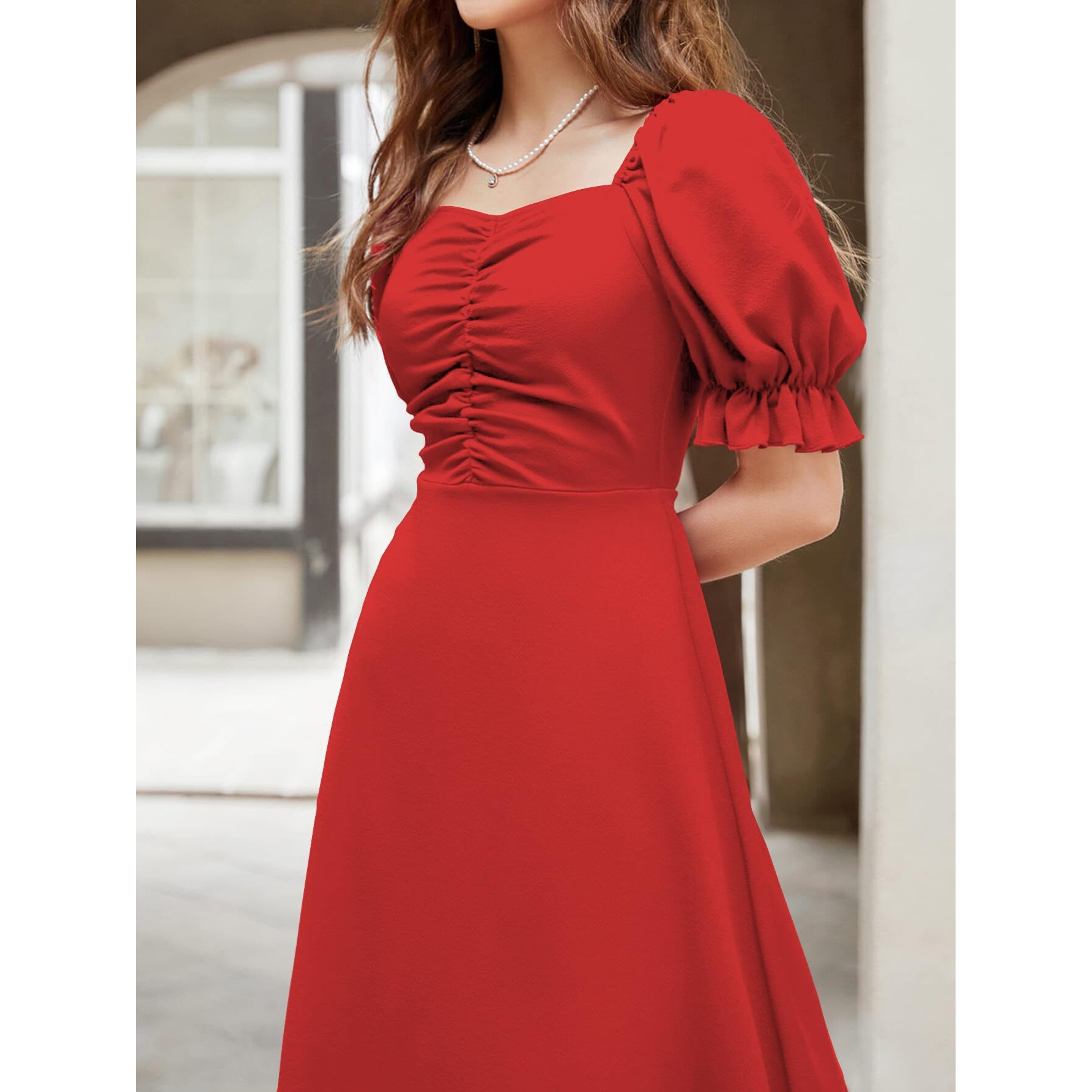 Shasmi Girl's & Women's Solid Red A-Line Ruched Puff Sleeve Maxi Long Evening One Piece Long Dress For Women Stylish (Dress 131 Red-L)