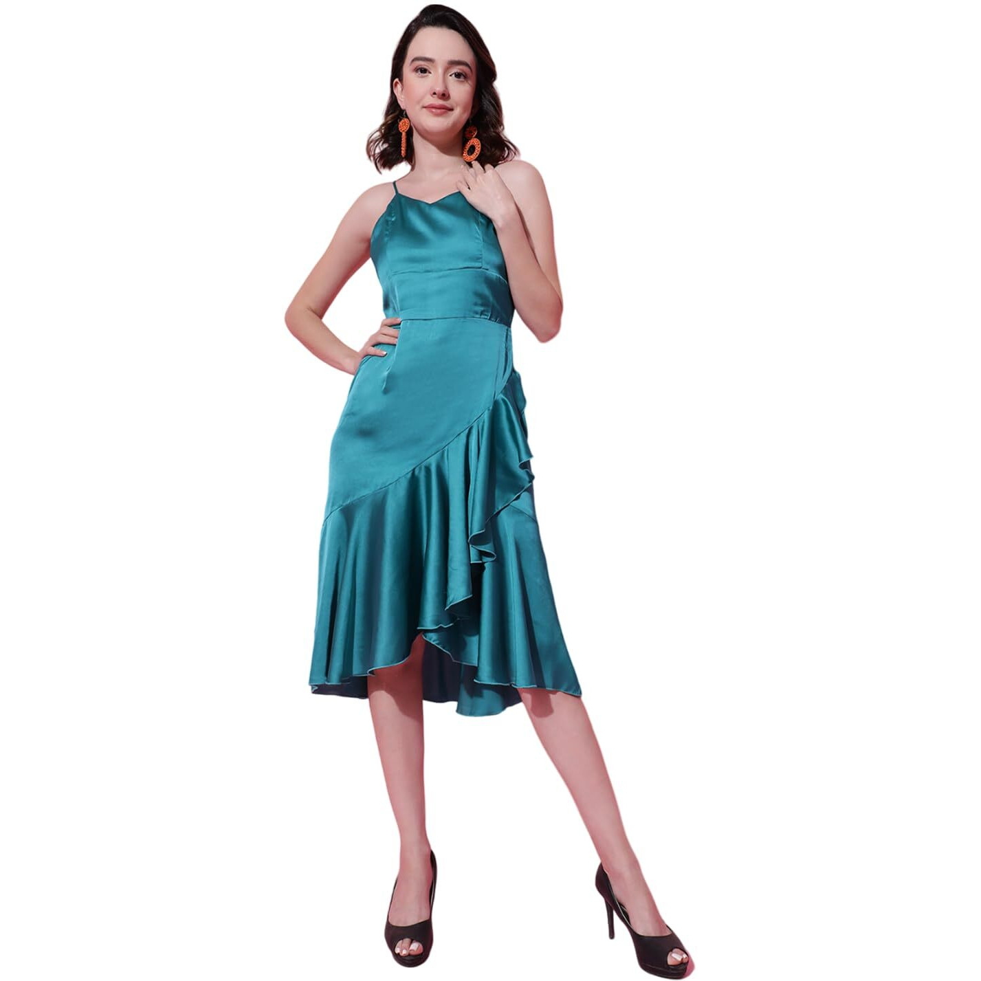 Kotty Women's Satin Fit Flare Midi Dress(Green,L)