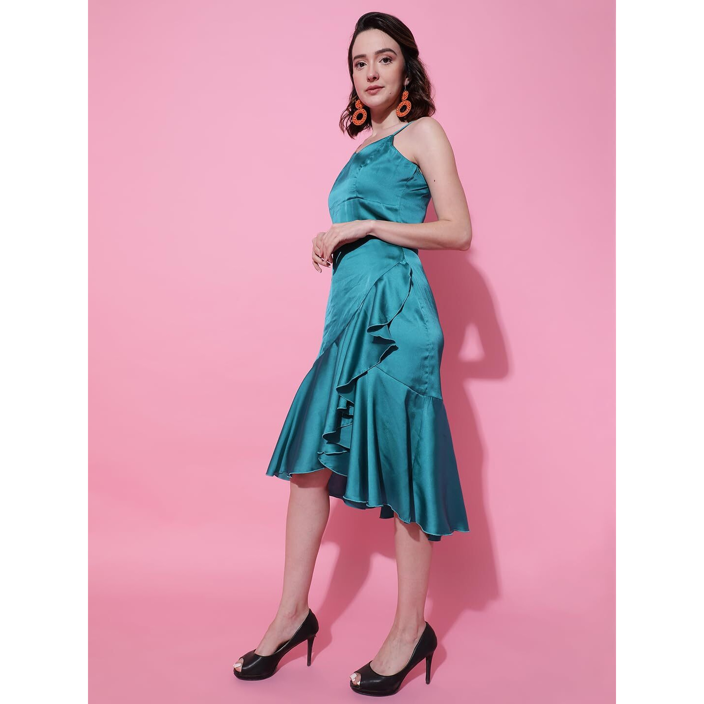 Kotty Women's Satin Fit Flare Midi Dress(Green,L)