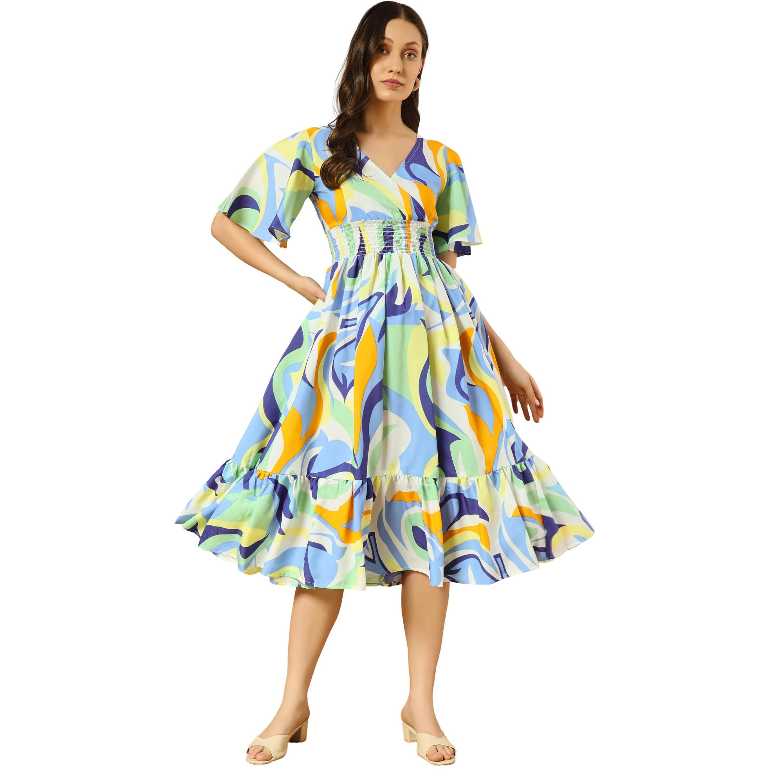 Kzully Women's Rayon Smocked Midi Casual Dress (6001_Rangili_Pista_Blue_Xxl 2Xl)