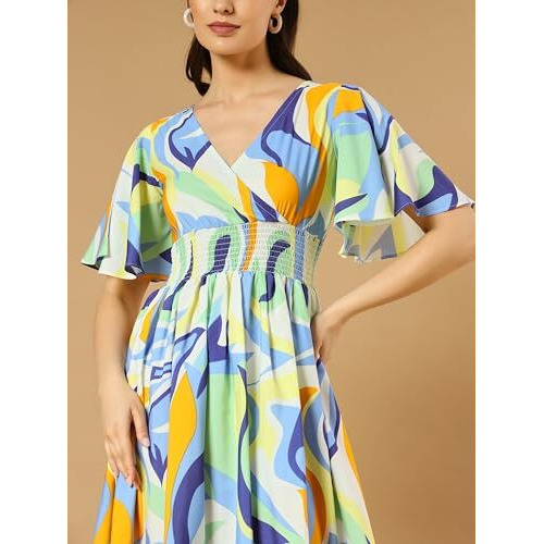Kzully Women's Rayon Smocked Midi Casual Dress (6001_Rangili_Pista_Blue_Xxl 2Xl)
