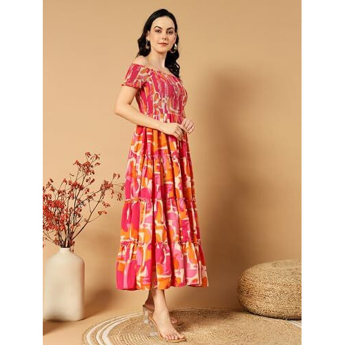 Kzully Women's Crepe Smocked Midi Dress (7001-Orange-Pink-M-Print_Orange