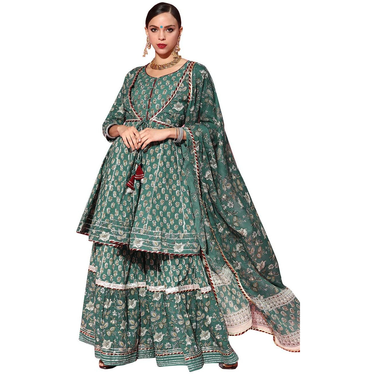 Ishin Women's Cotton Anarkali Embroidered Kurta Suit Set With Dupatta & Sharara Kpldpm-19075_Xxl_Green
