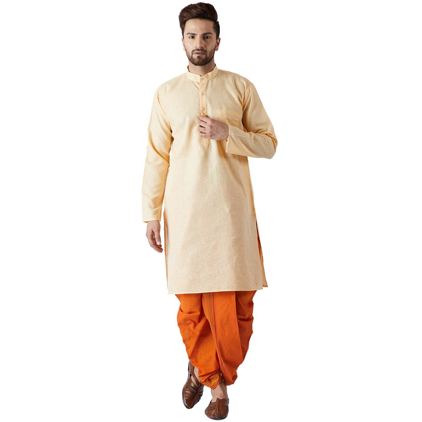 Sojanya (Since 1958, Men's Yellow & Orange Cotton Kurta & Dhoti Set, Size M