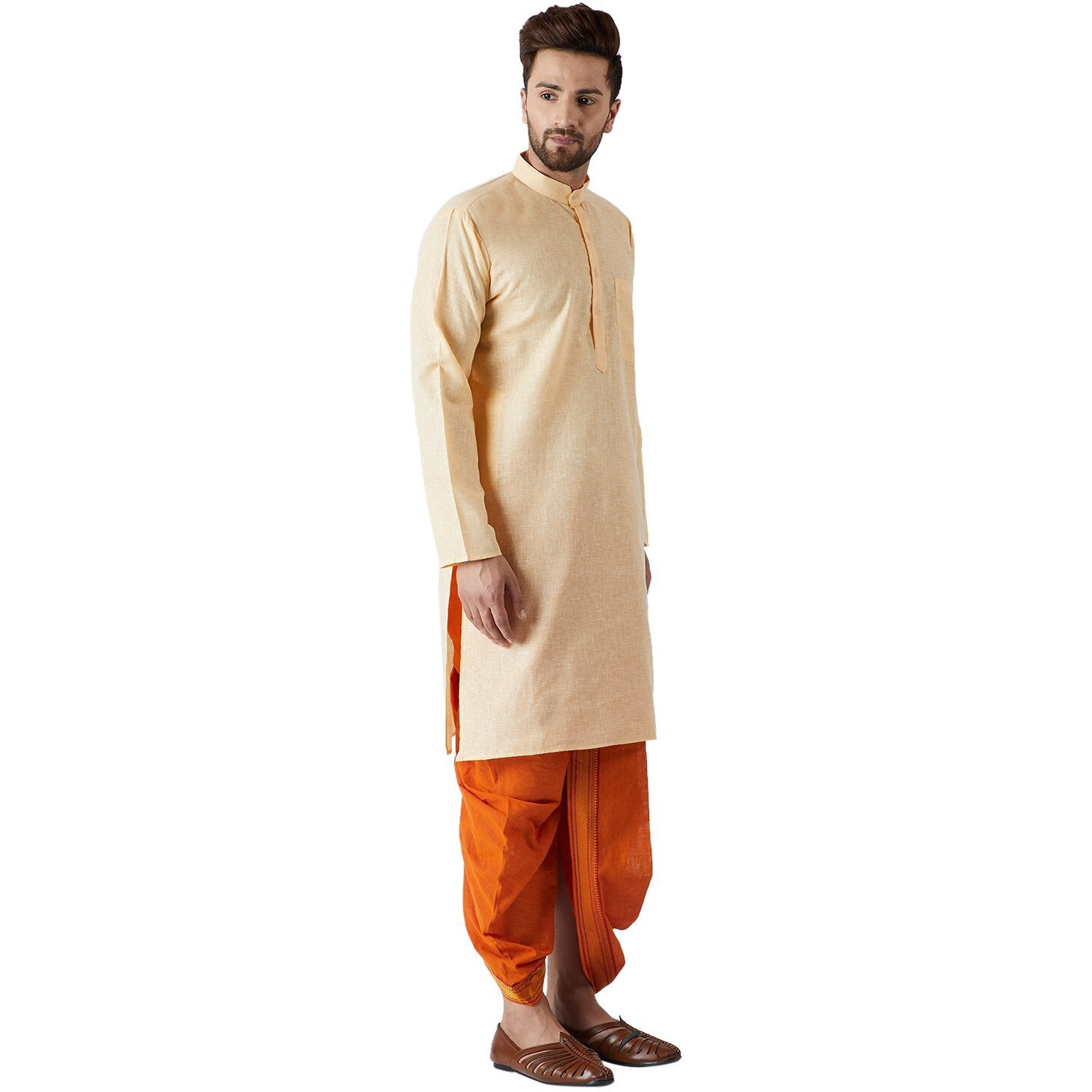 Sojanya (Since 1958, Men's Yellow & Orange Cotton Kurta & Dhoti Set, Size M