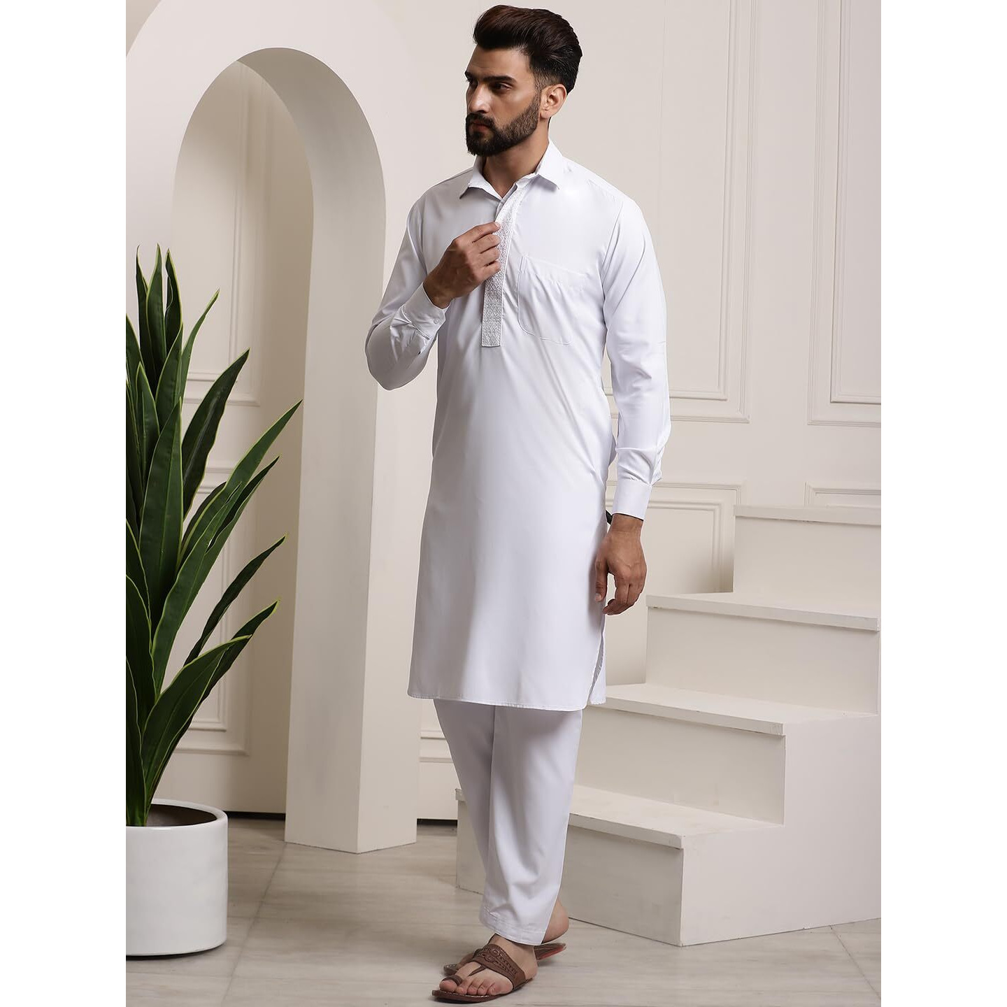 Sojanya (Since 1958 Men's Cotton White Pathani Kurta Salwar Set