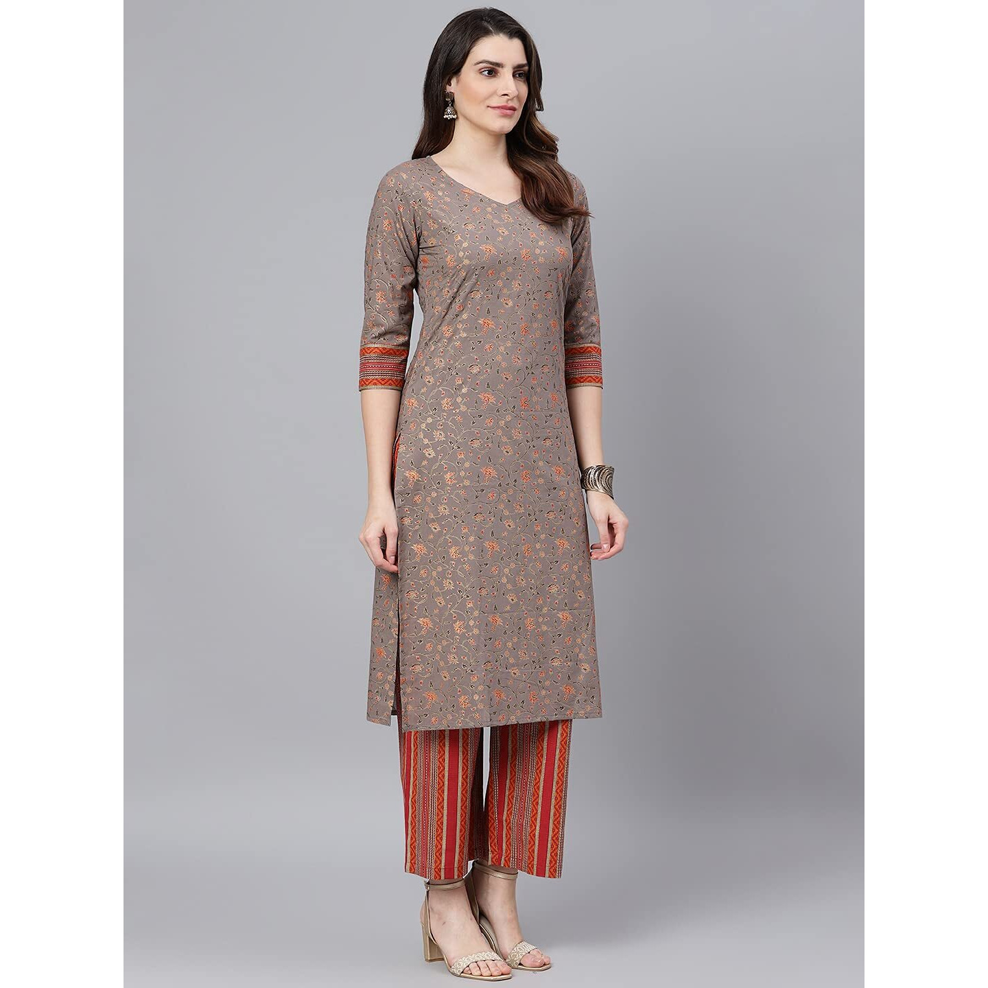 Idalia Multicolor Jaal Printed Straight Cotton Kurta For Women 3/4 Sleeve, Round Neck Kurta Set With Dupatta For Women