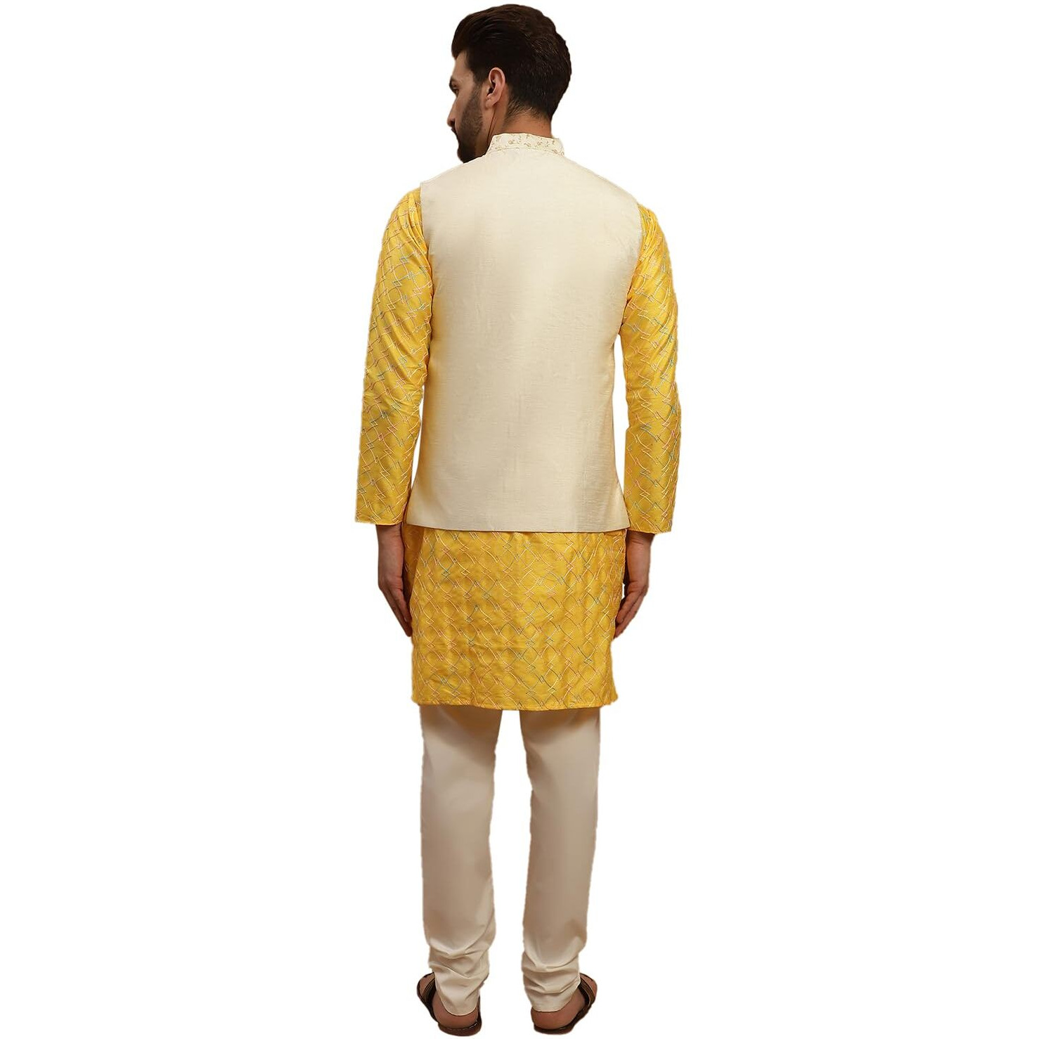 Sojanya (Since 1958 Men's Silk Blend Mustard Kurta And Cream Pyjama With Cream Embroidery Nehru Jacket