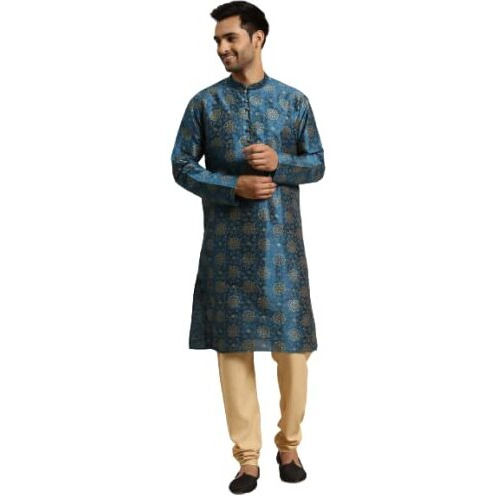 Sojanya (Since 1958 Men's Silk Blend Peacock Blue Printed Only Kurta Size 42