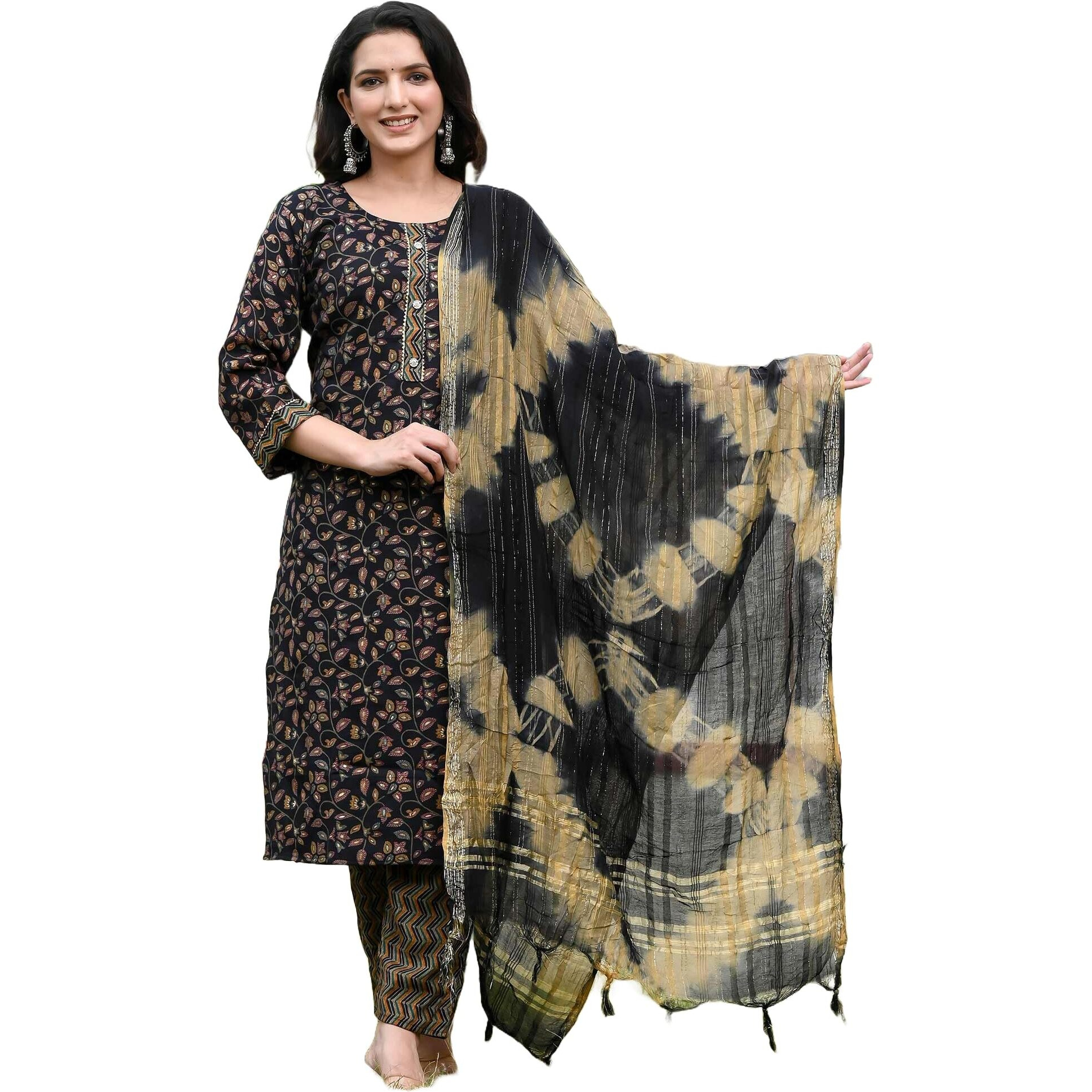 Lookmark Women's Embroidered Cotton Straight Kurta Set With Pants & Dupatta - Elevate Your Style With This Exquisite Ensemble (Az-Lm-Og-Ks2108-S) Black