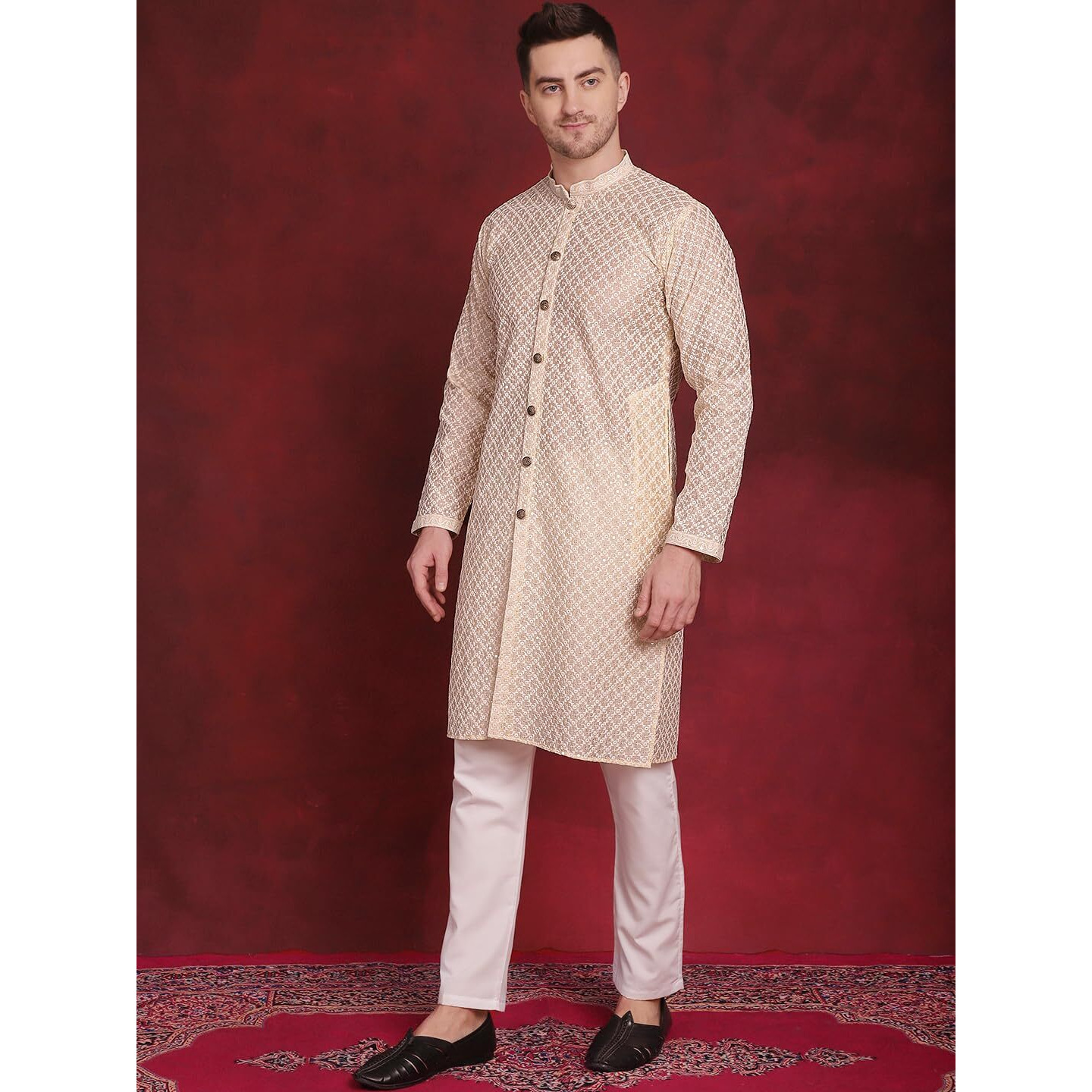 Jompers Men's Sequin Chikankari Front Open Kurta With Pyjamas (Golden, Xxl)