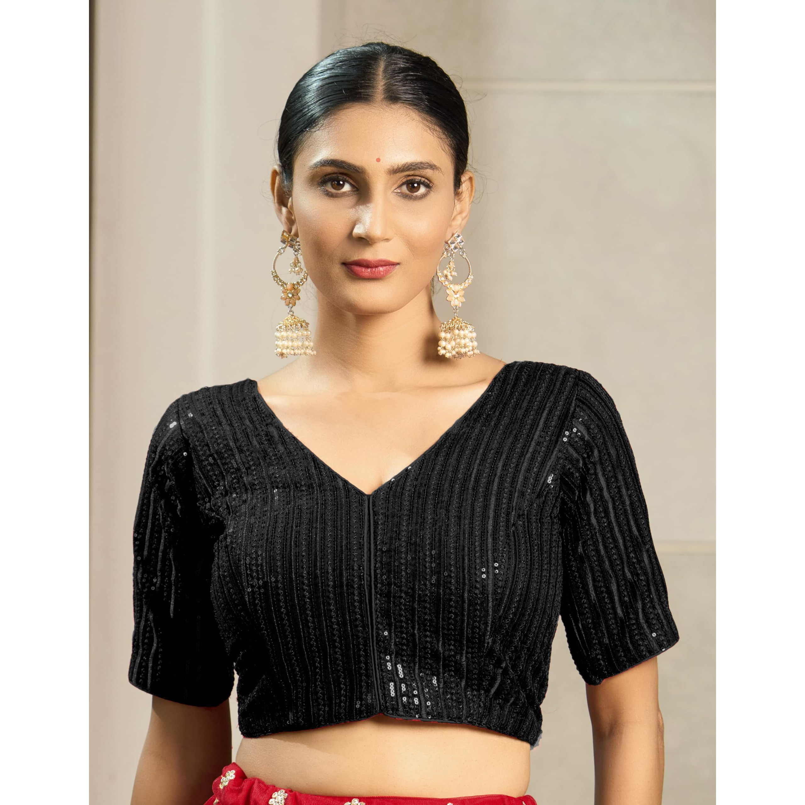 Vihu Fashion Women's Indian Ethnic Wear Designer Silver Sequence With Matching Embroidered Work V Neck Half Sleeve Readymade Padded Saree Blouse Readymade Unique Black Color Saree Blouse