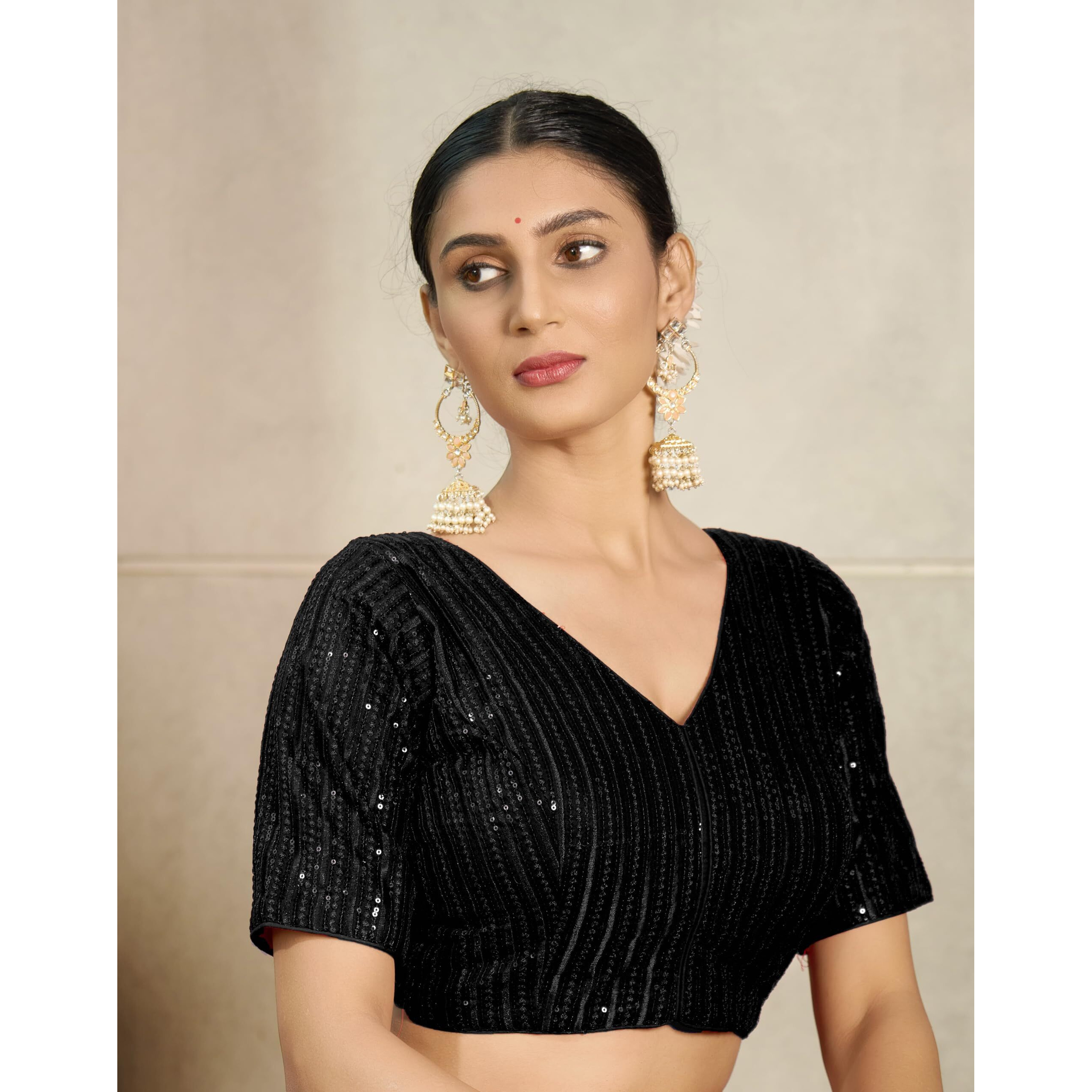 Vihu Fashion Women's Indian Ethnic Wear Designer Silver Sequence With Matching Embroidered Work V Neck Half Sleeve Readymade Padded Saree Blouse Readymade Unique Black Color Saree Blouse