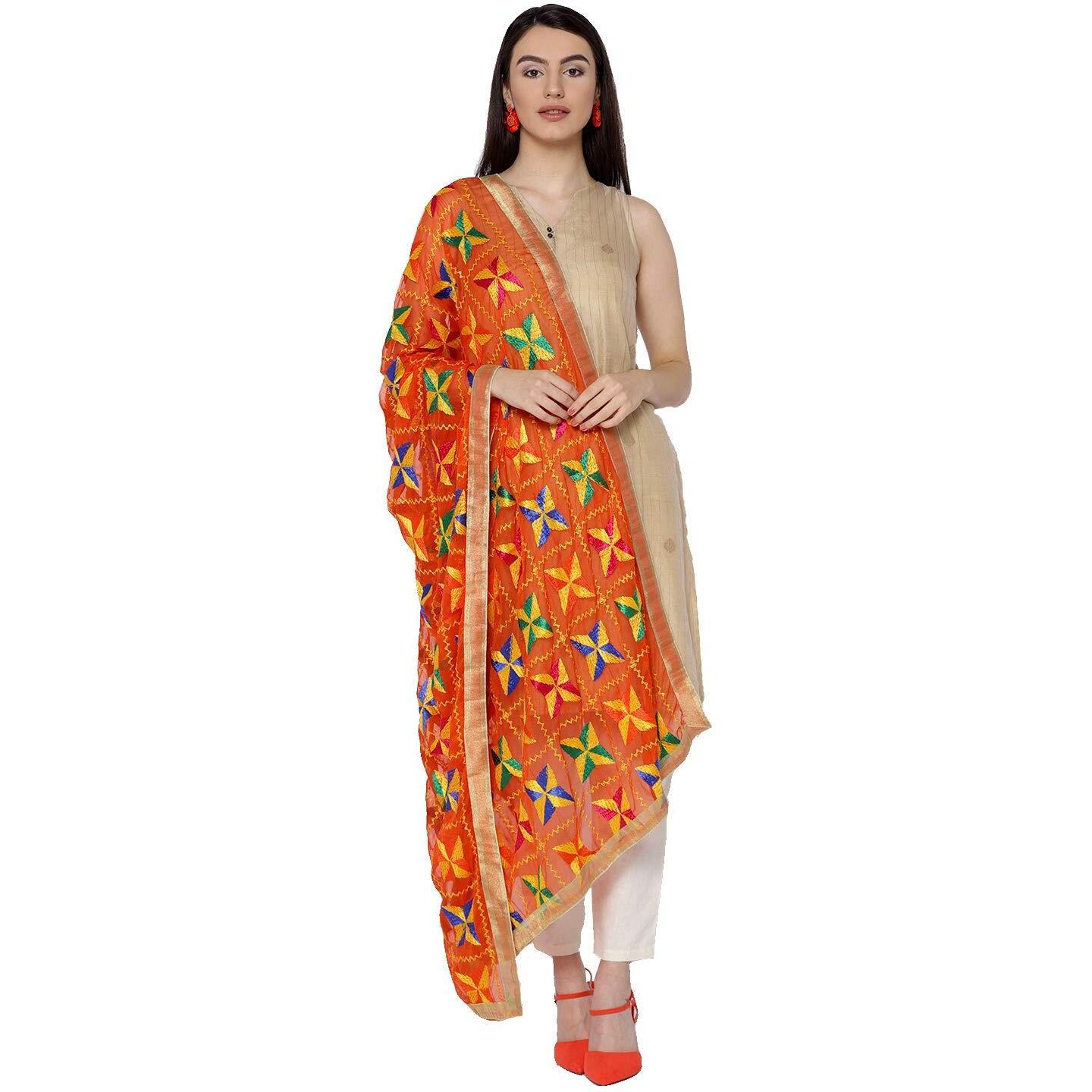 Weavers Villa Punjabi Hand Embroided Phulkari Faux Chiffon Orange Dupattas, 2.25 Mtrs