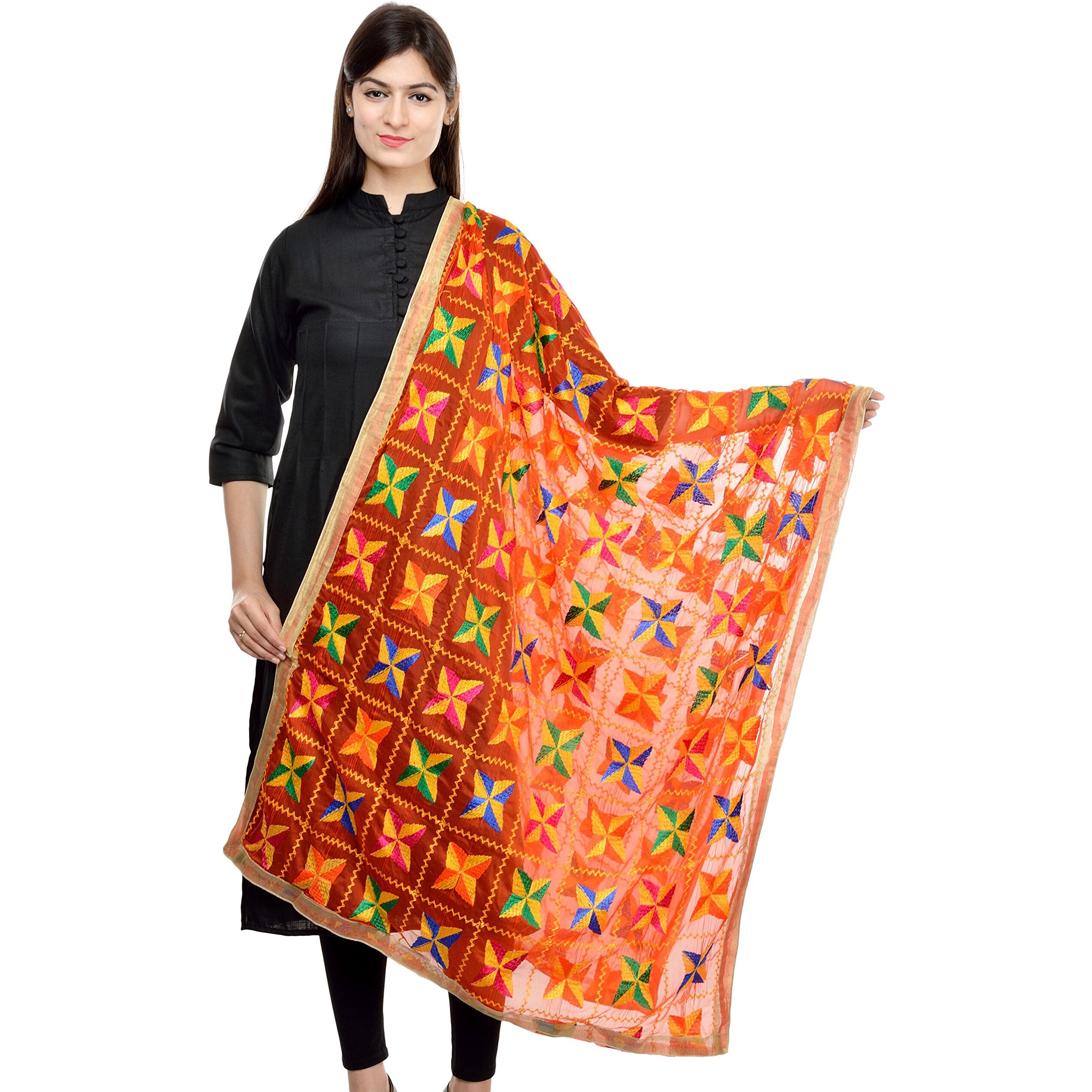 Weavers Villa Punjabi Hand Embroided Phulkari Faux Chiffon Orange Dupattas, 2.25 Mtrs