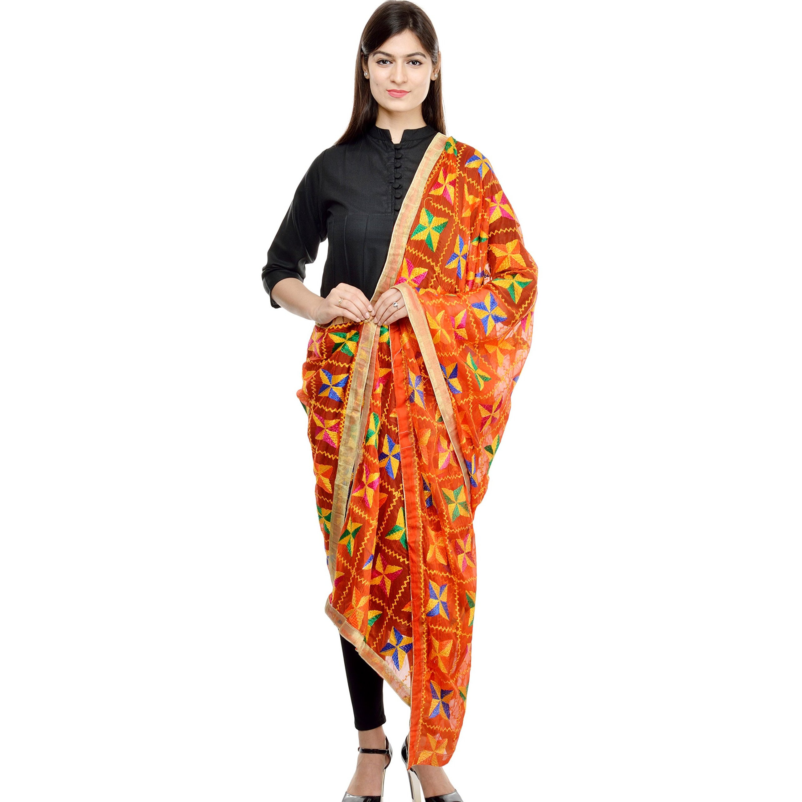 Weavers Villa Punjabi Hand Embroided Phulkari Faux Chiffon Orange Dupattas, 2.25 Mtrs