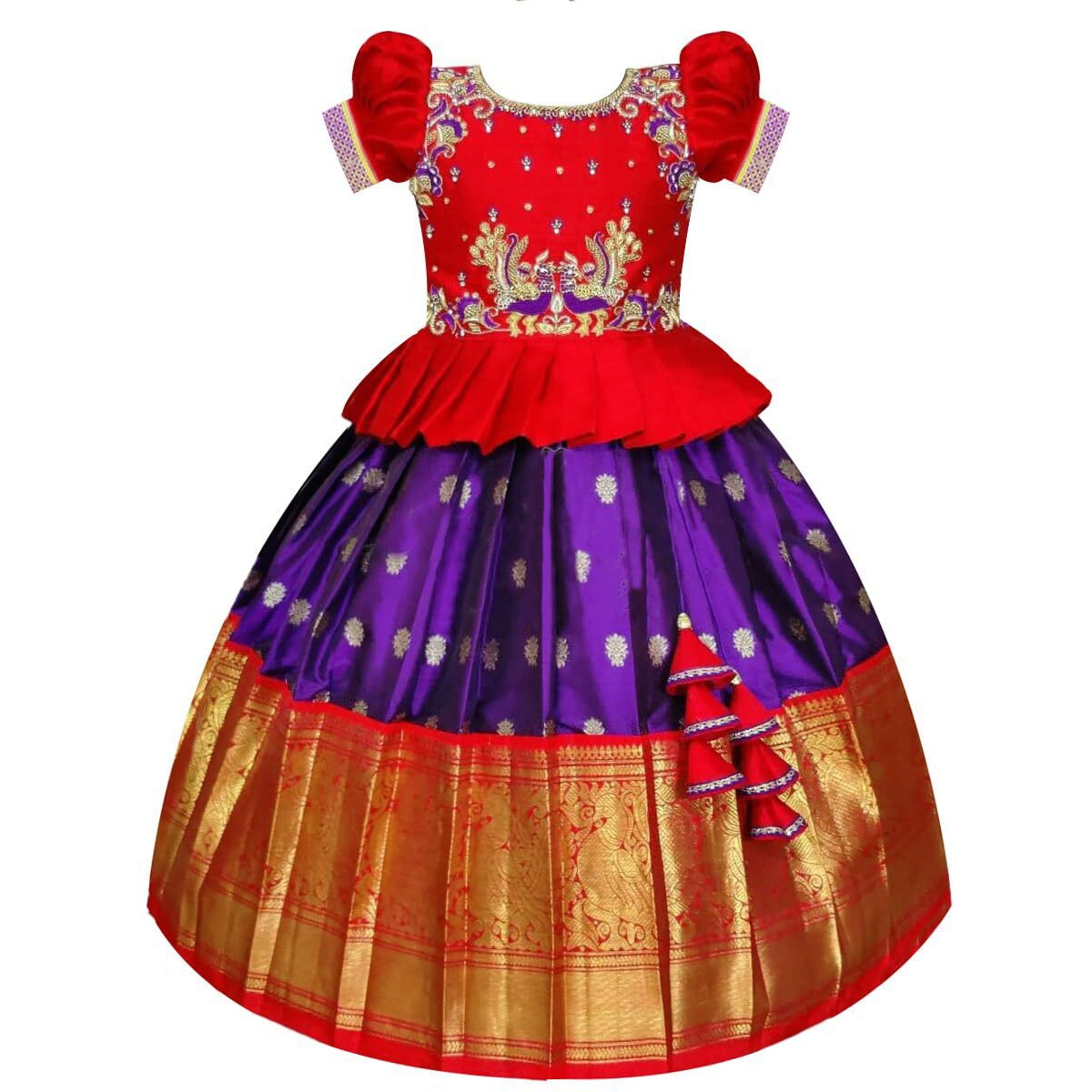White Button New South Indian Traditional Pattu Pavadai Jecquard Lehenga Choli For Girls Dress (6-7 Years, Red Violet)