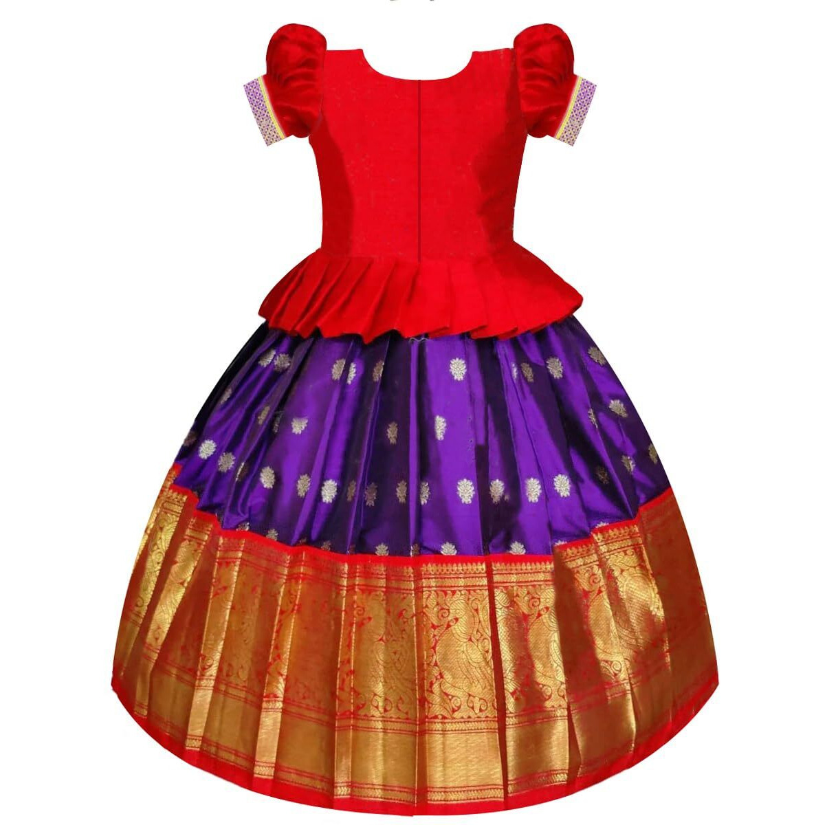 White Button New South Indian Traditional Pattu Pavadai Jecquard Lehenga Choli For Girls Dress (6-7 Years, Red Violet)