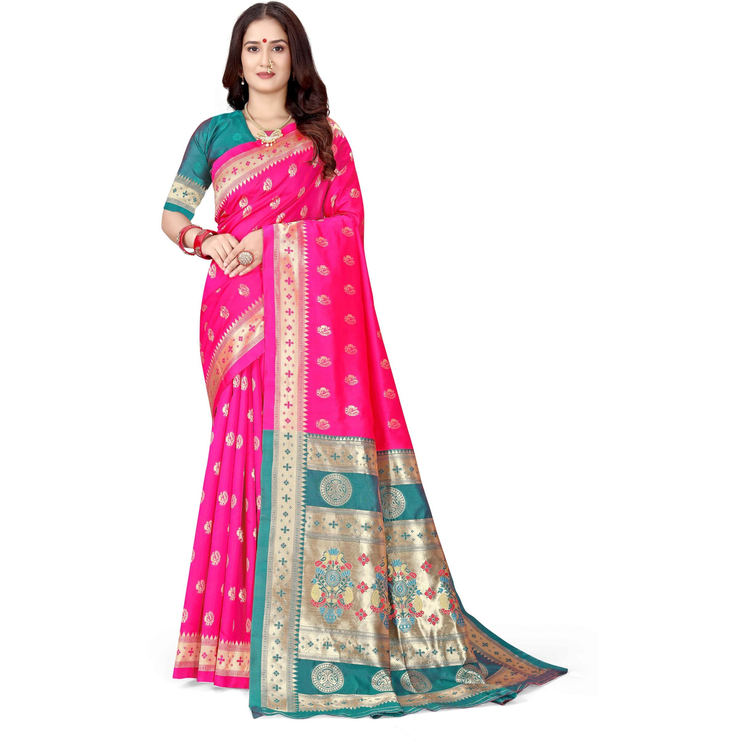 Sugathari Women's Banarasi Saree Pure Paithani Kanjivaram Silk Soft New Ladies 2024 Design Wear Pattu Sarees Latest Cotton Party Sari Collections With Blouse Piece For Wedding Sadi (Pari-201 Rani)