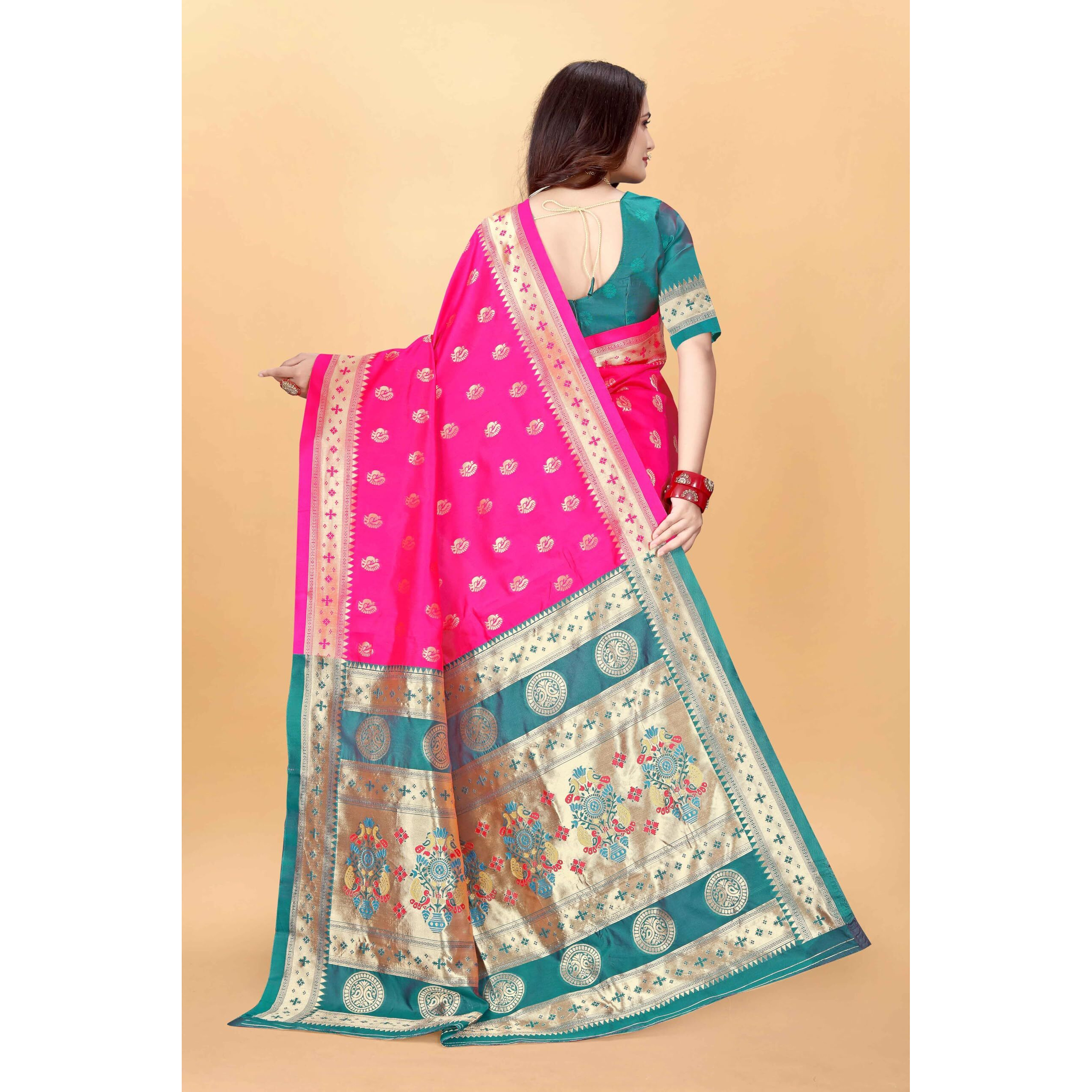 Sugathari Women's Banarasi Saree Pure Paithani Kanjivaram Silk Soft New Ladies 2024 Design Wear Pattu Sarees Latest Cotton Party Sari Collections With Blouse Piece For Wedding Sadi (Pari-201 Rani)