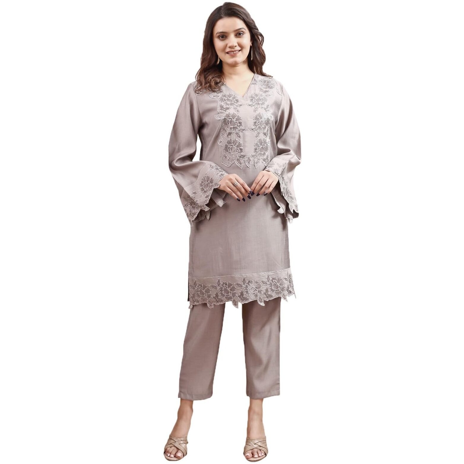 Womanista Women Silk Blend Solid Grey Colour Tonal Seuiqnns Embroidey Work Regular Fit Tunic With Trouser Set(Co-Ords_9063_L)