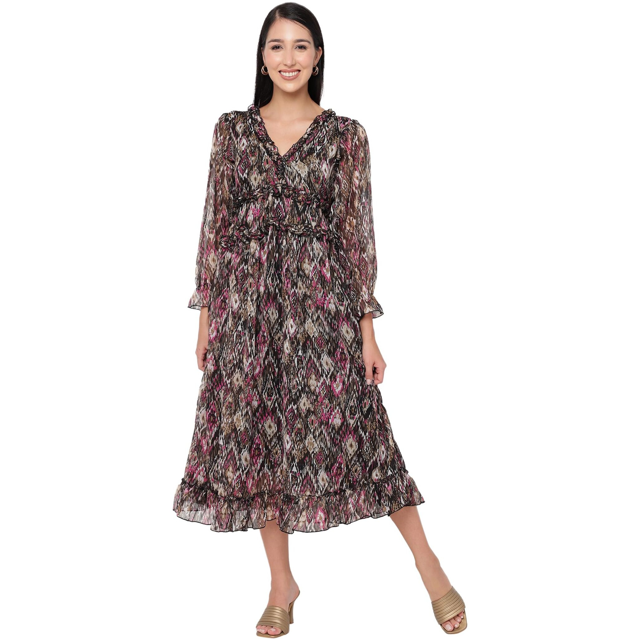 Sugathari Chiffon Black Ditsy Floral Deep V-Neck Ruffle Hem Western Dresses For Women (Dress2 88 Black Xl)