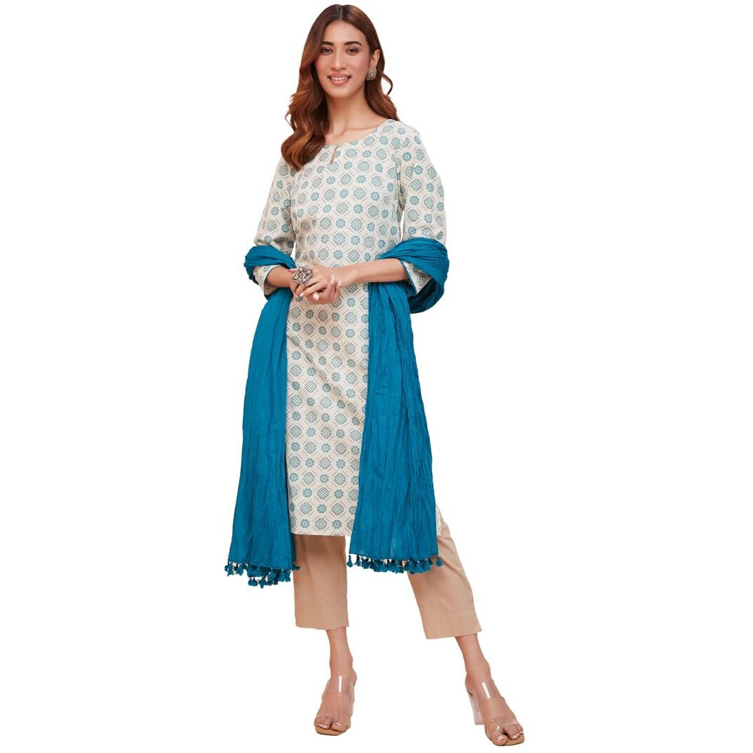 Fabindia Women's Cotton Printed Regular Kurta (1037543White- White-Teal