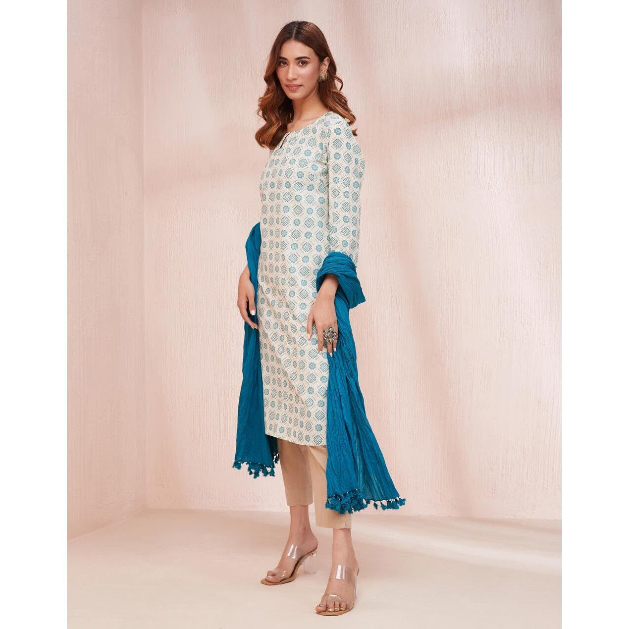 Fabindia Women's Cotton Printed Regular Kurta (1037543White- White-Teal