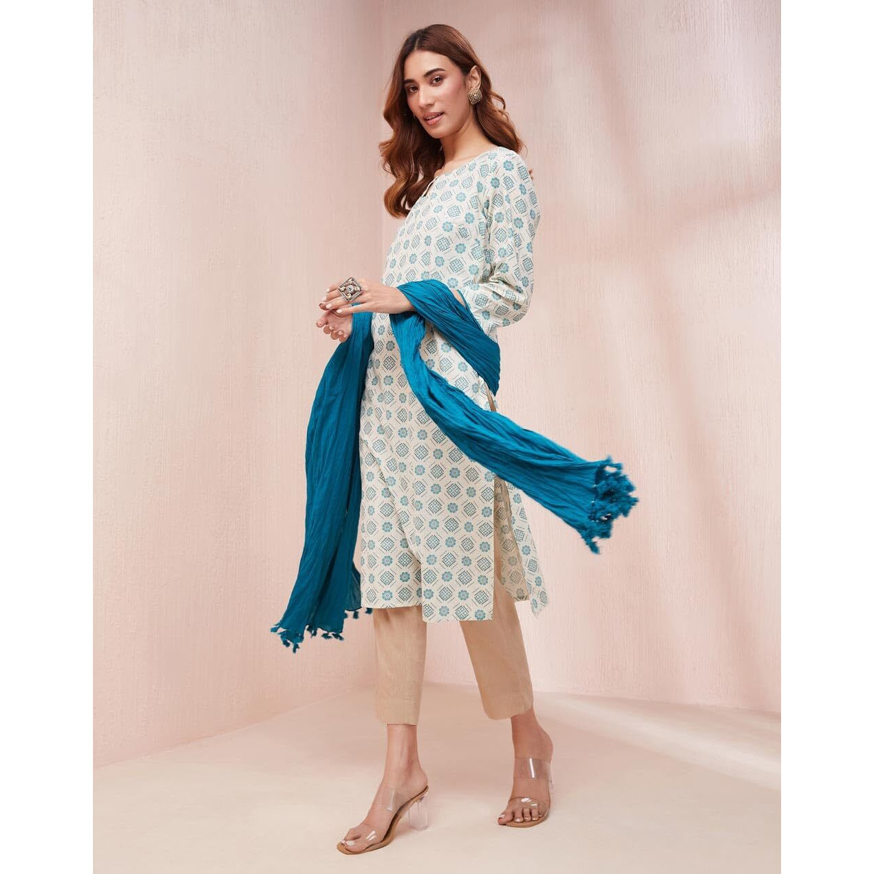 Fabindia Women's Cotton Printed Regular Kurta (1037543White- White-Teal