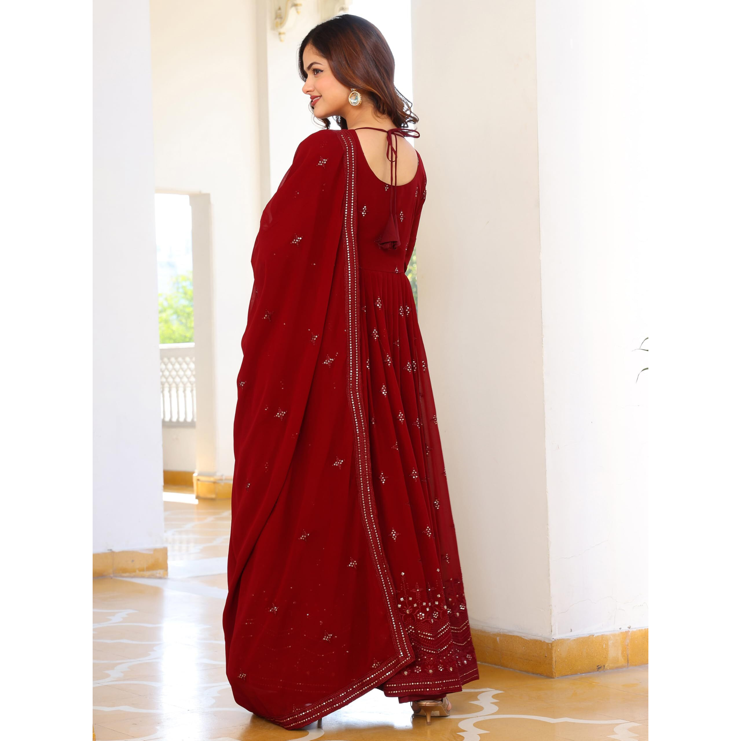 Fashion Basket Women's Georgette Anarkali Lond Dress With Duptta Maroon