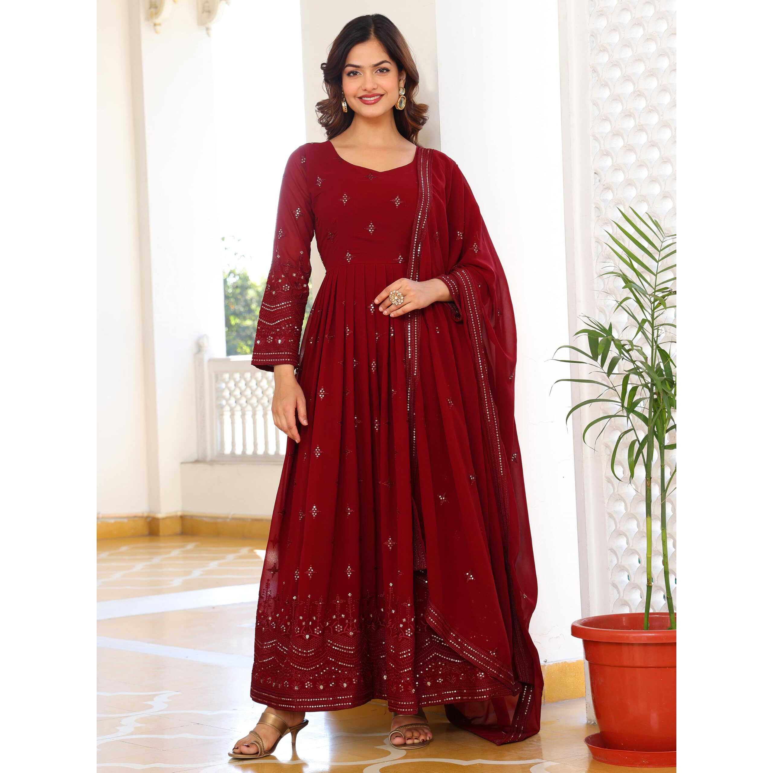 Fashion Basket Women's Georgette Anarkali Lond Dress With Duptta Maroon