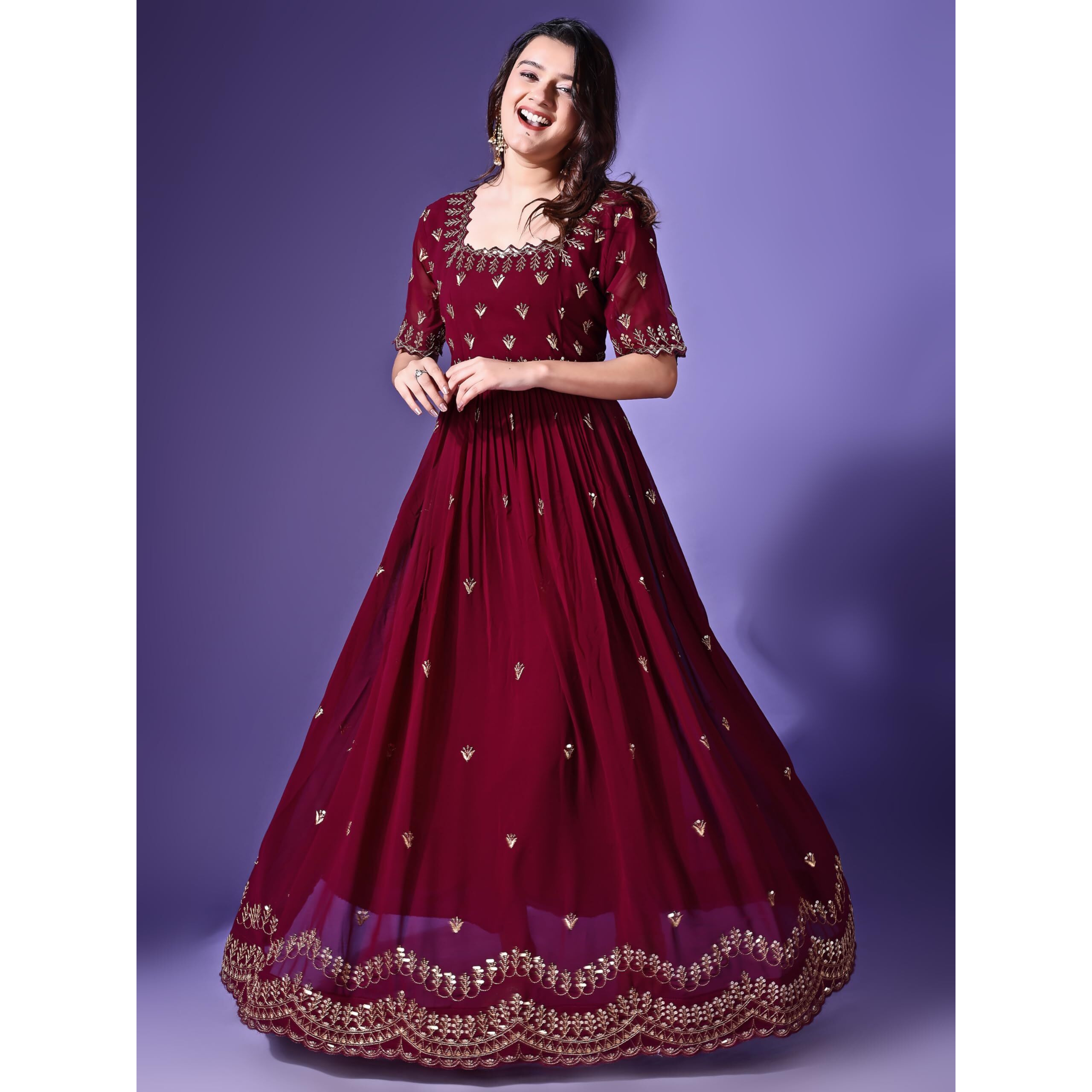 Fashion Basket Georgette Embroidered Long Gown For Women Maroon