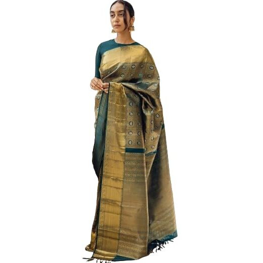 Flosive Women's Kanjivaram Silk Saree With Beautiful Blouse With Zari Border (Green)