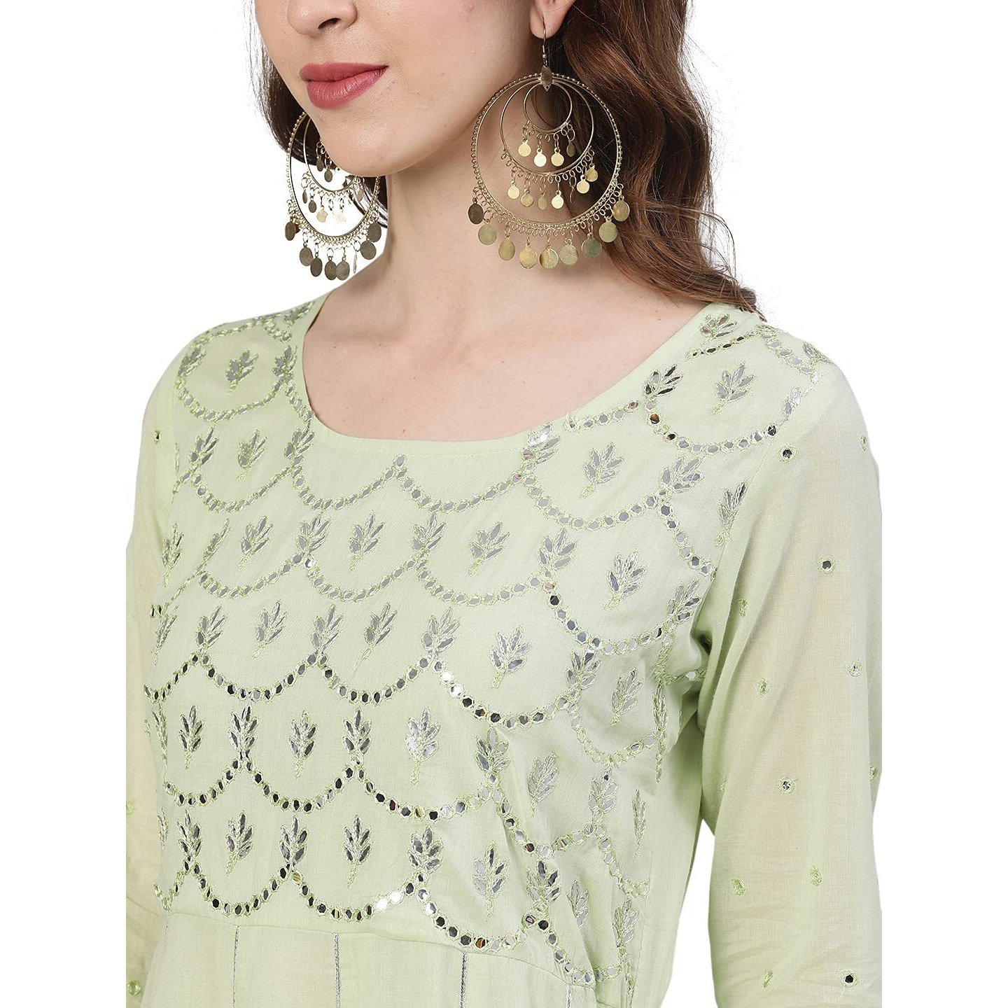 Ishin Women's Cotton Anarkali Embroidered Kurta Kpmmp-10087_M_Pista Green