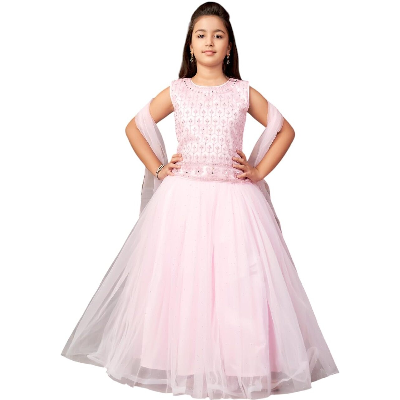 Aarika Girls Ethnic Wear Pink Colour Mirror Embroidery Net Lehenga Choli Set With Dupatta-3-13 Years (Lch-18273)