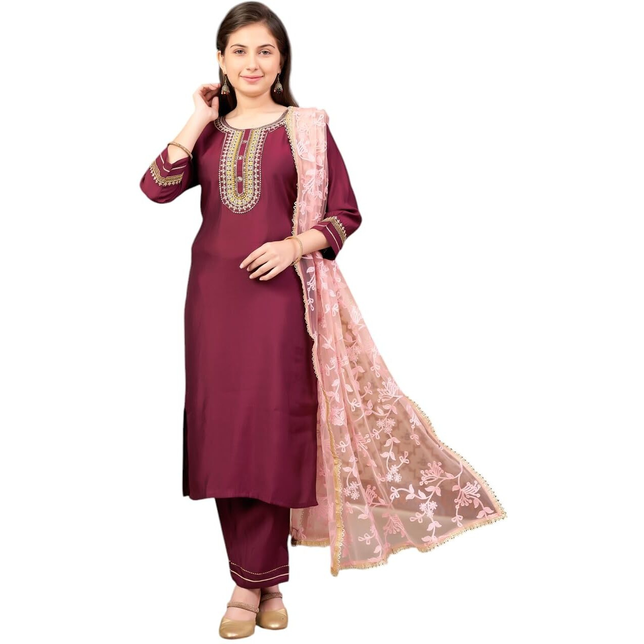 Aarika Girls Ethnic Wear Wine Colour Sequin Embroidery Silk Kurti Pant Set-10-15 Years (Kp-Sd-6001)