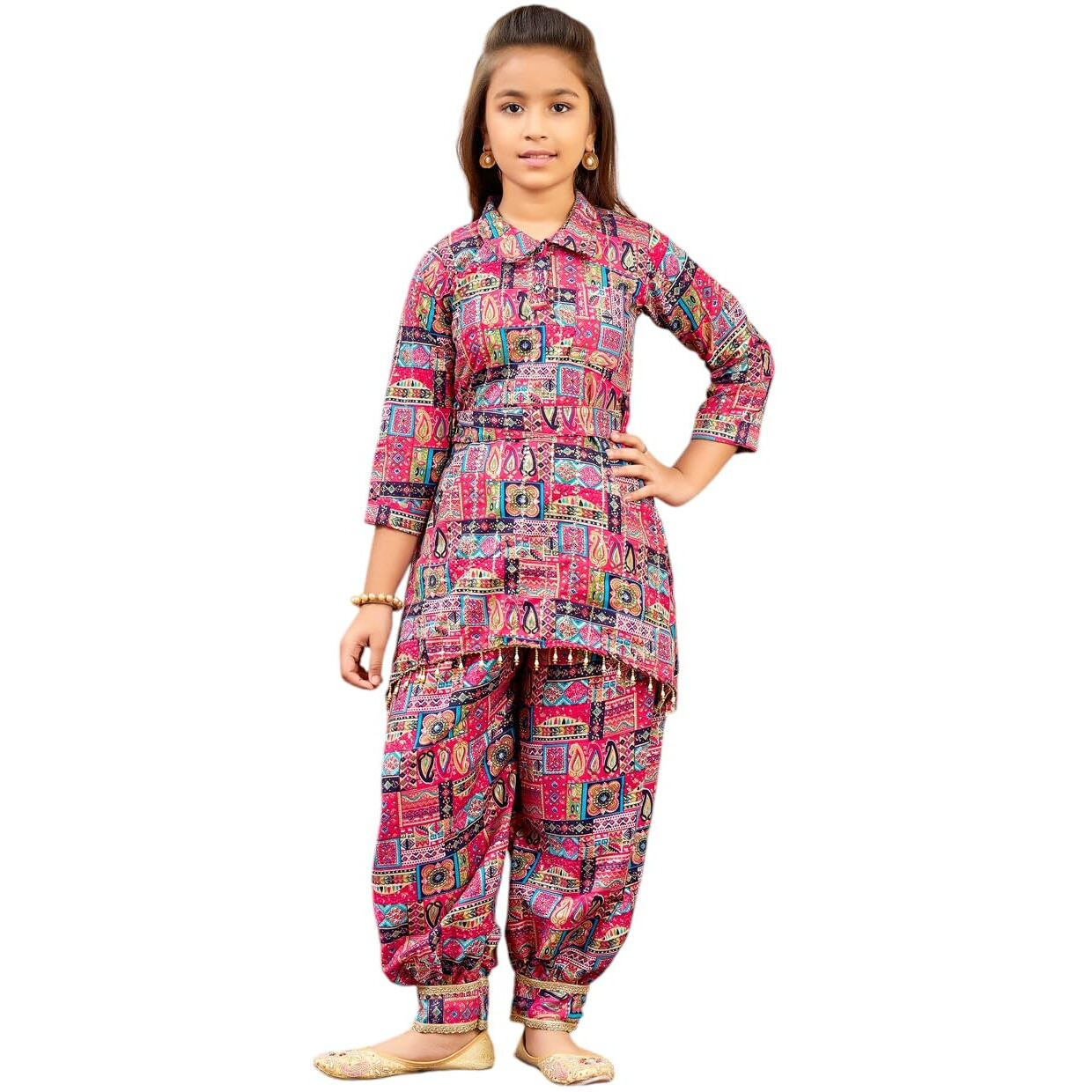 Aarika Girls Ethnic Wear Rani Colour Abstract Printed Cotton Kurti Patiala Set With Belt (4-10 Years)