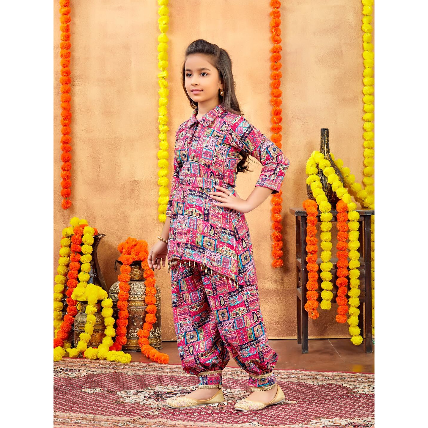 Aarika Girls Ethnic Wear Rani Colour Abstract Printed Cotton Kurti Patiala Set With Belt (4-10 Years)