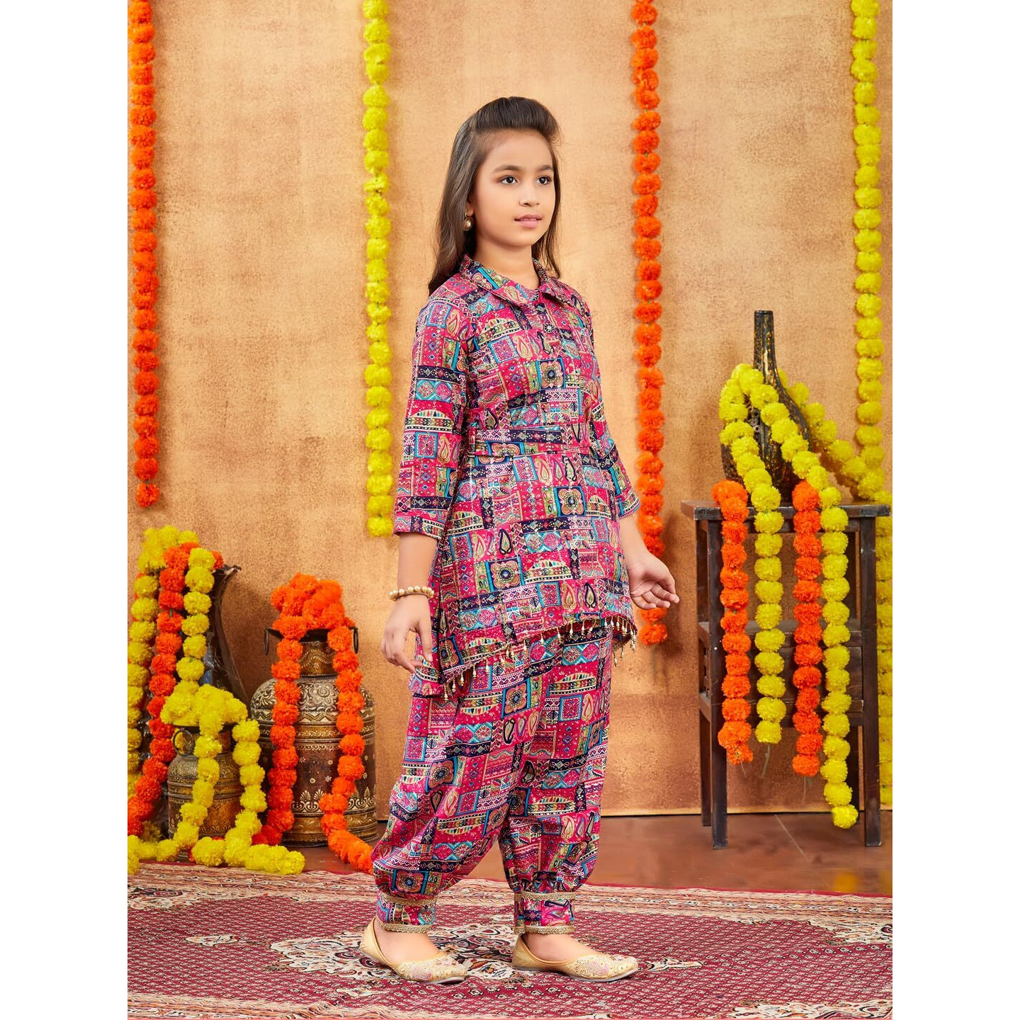 Aarika Girls Ethnic Wear Rani Colour Abstract Printed Cotton Kurti Patiala Set With Belt (4-10 Years)