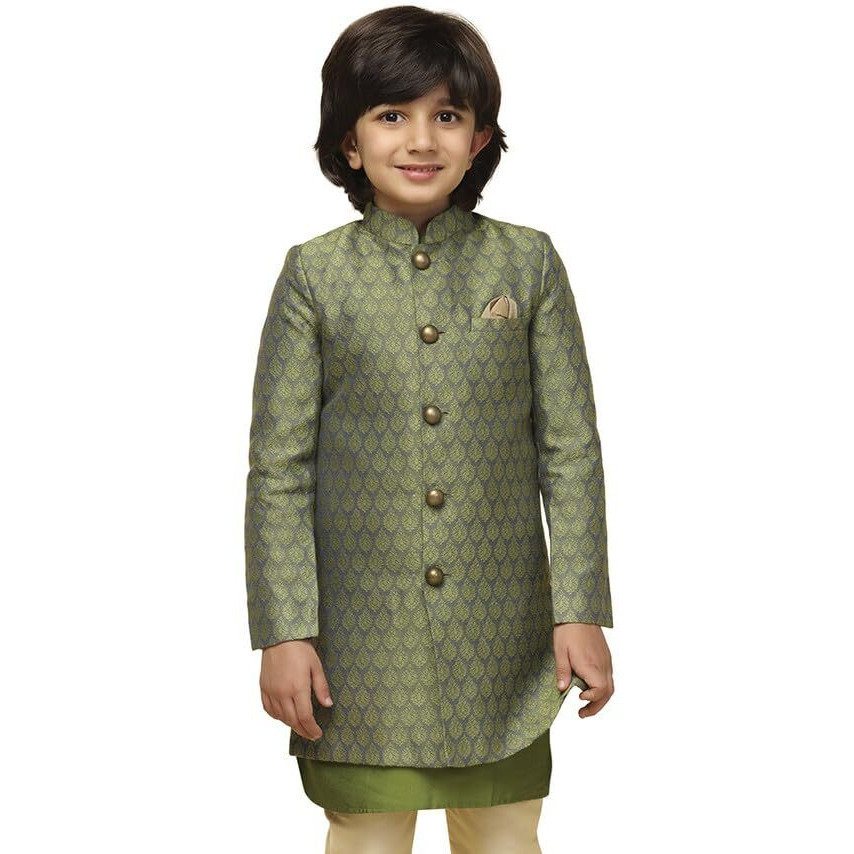 Kisah Kids Sherwani Cotton Blend Woven Design Indo-Western Sherwani For Kids, Green, 5-6 Years