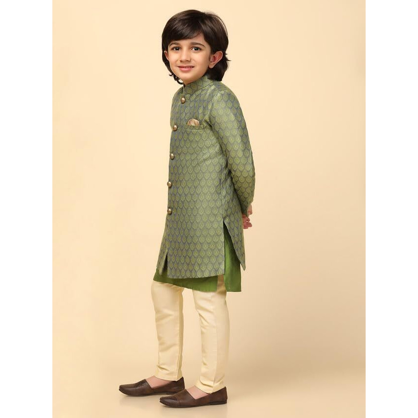 Kisah Kids Sherwani Cotton Blend Woven Design Indo-Western Sherwani For Kids, Green, 5-6 Years