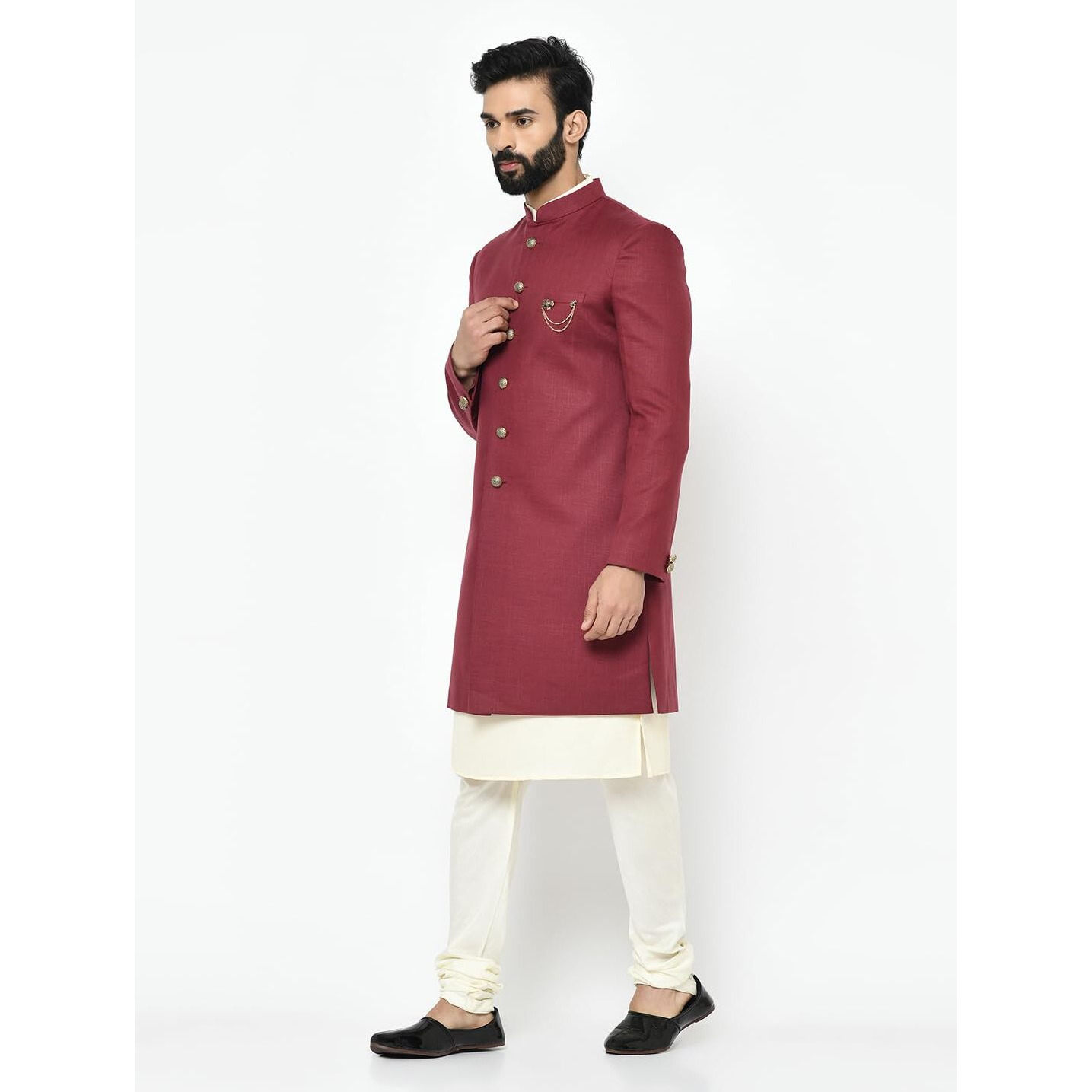 Kisah Men Maroon Solid Kurta Indo-Western Sherwani Set Indo-Western, Full Sleaves, Knee Length, Straight, Regular Fit, Mandarin Collar Ethnic Wear|44