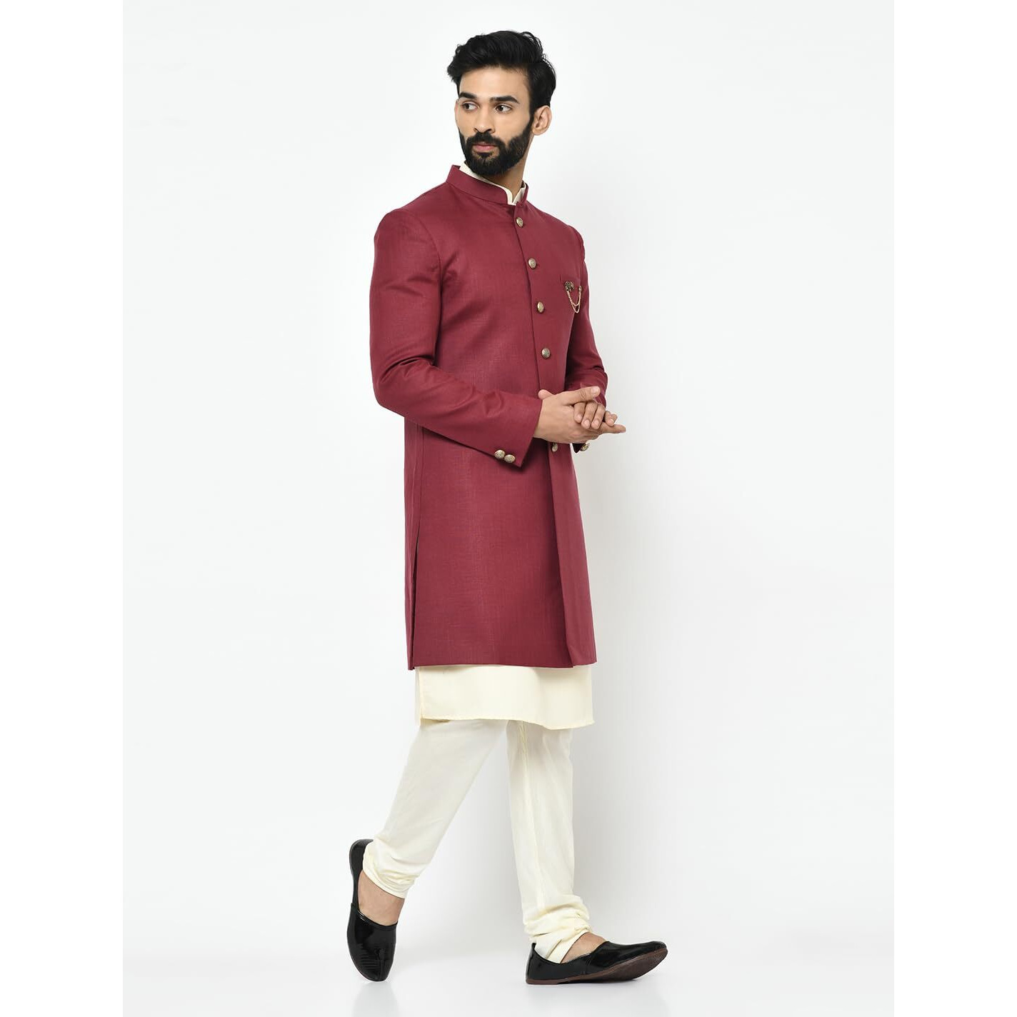 Kisah Men Maroon Solid Kurta Indo-Western Sherwani Set Indo-Western, Full Sleaves, Knee Length, Straight, Regular Fit, Mandarin Collar Ethnic Wear|44