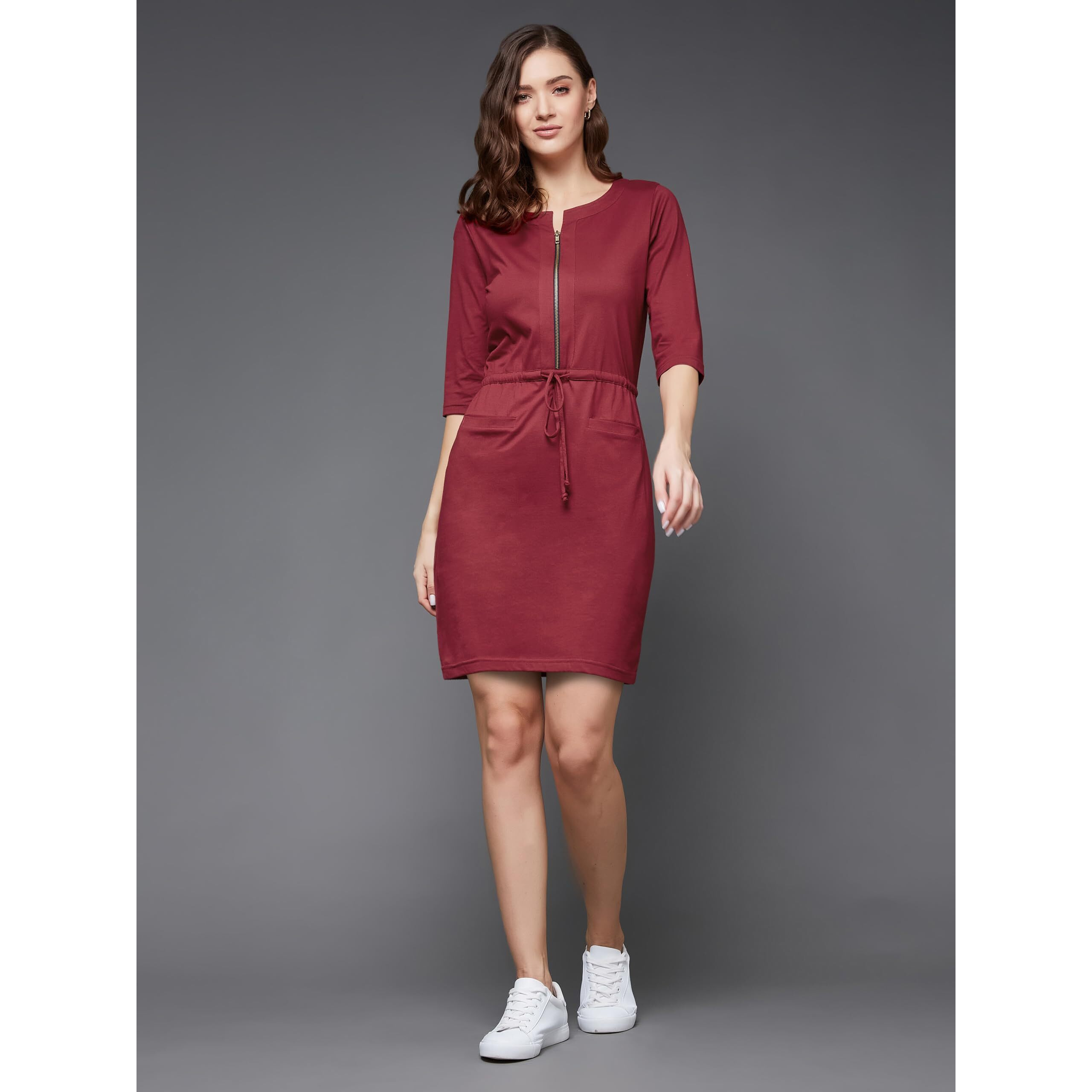 Miss Chase Women's Round Neck 3/4 Sleeves Cotton Solid Mini Shift Dress (Mcaw23D98-81-143-02, Maroon, Xs)