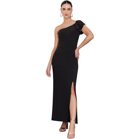 Miss Chase Women's One Shoulder Sleeveless Ruffled Maxi Dress (Mcaw17D10-37-62-03, Black, S)